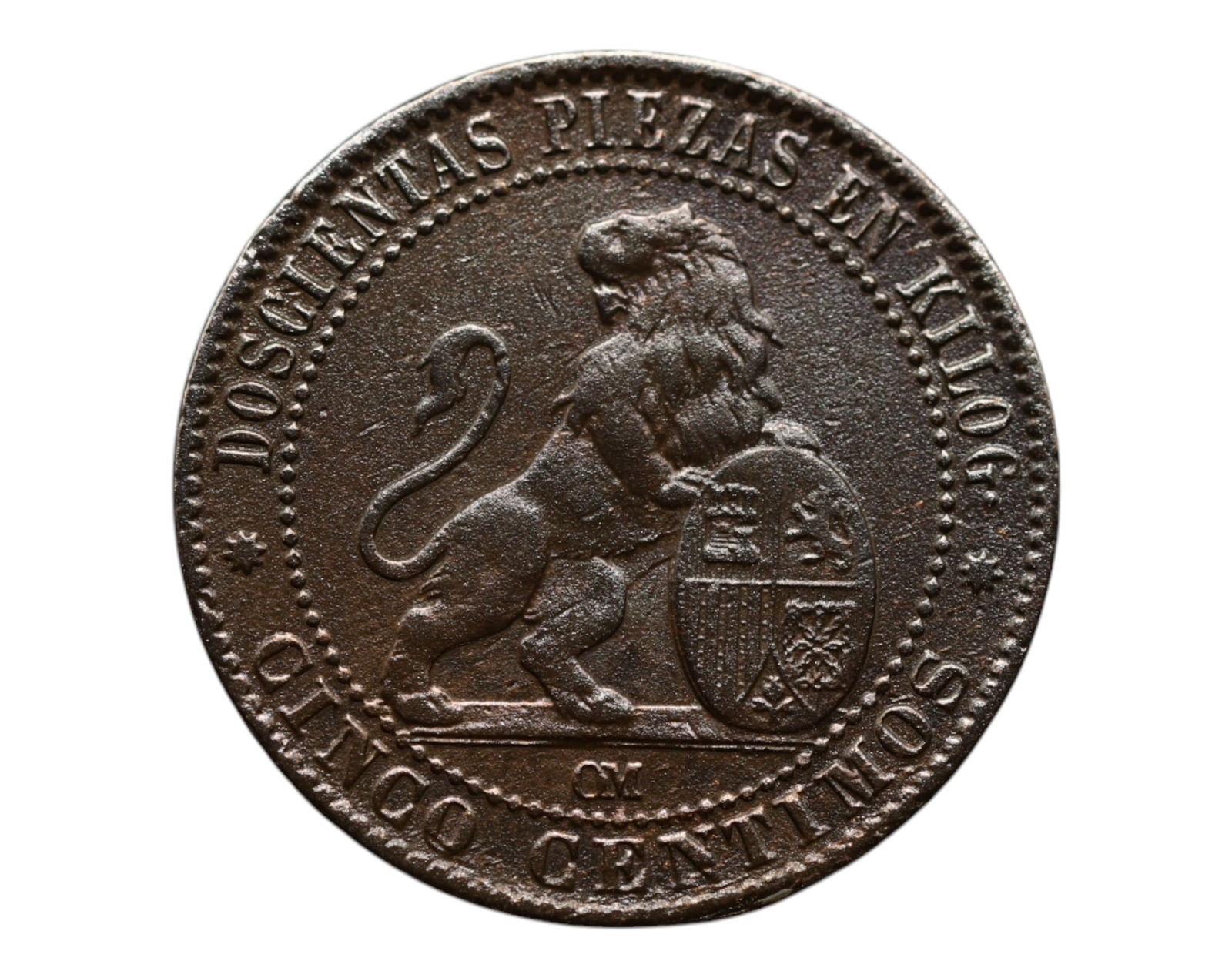 SPAIN: Liberty and Strength - Revolution Era 5 Centimos Coin, 1870 CM, 25mm (1 of 3)
