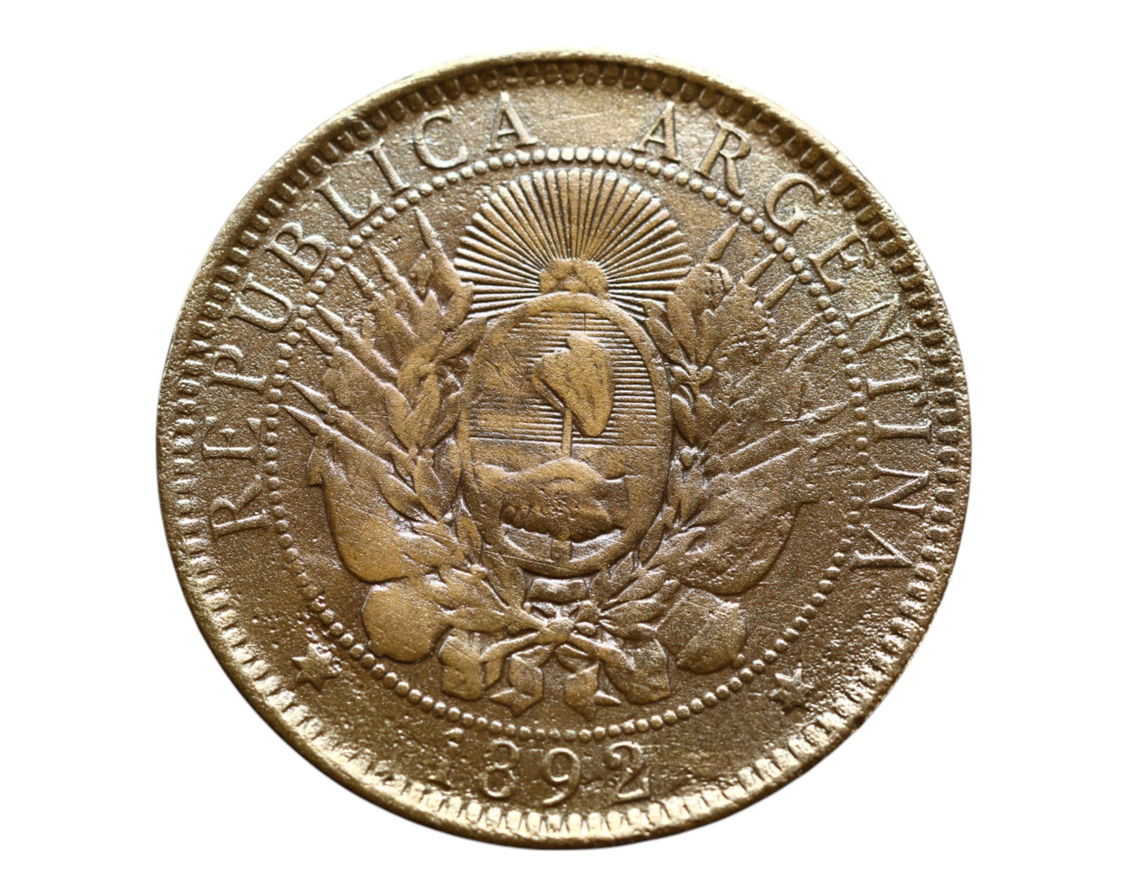 ARGENTINA: Liberty Rising - Dos Centavos Coin, 1892, 30mm (1 of 3)