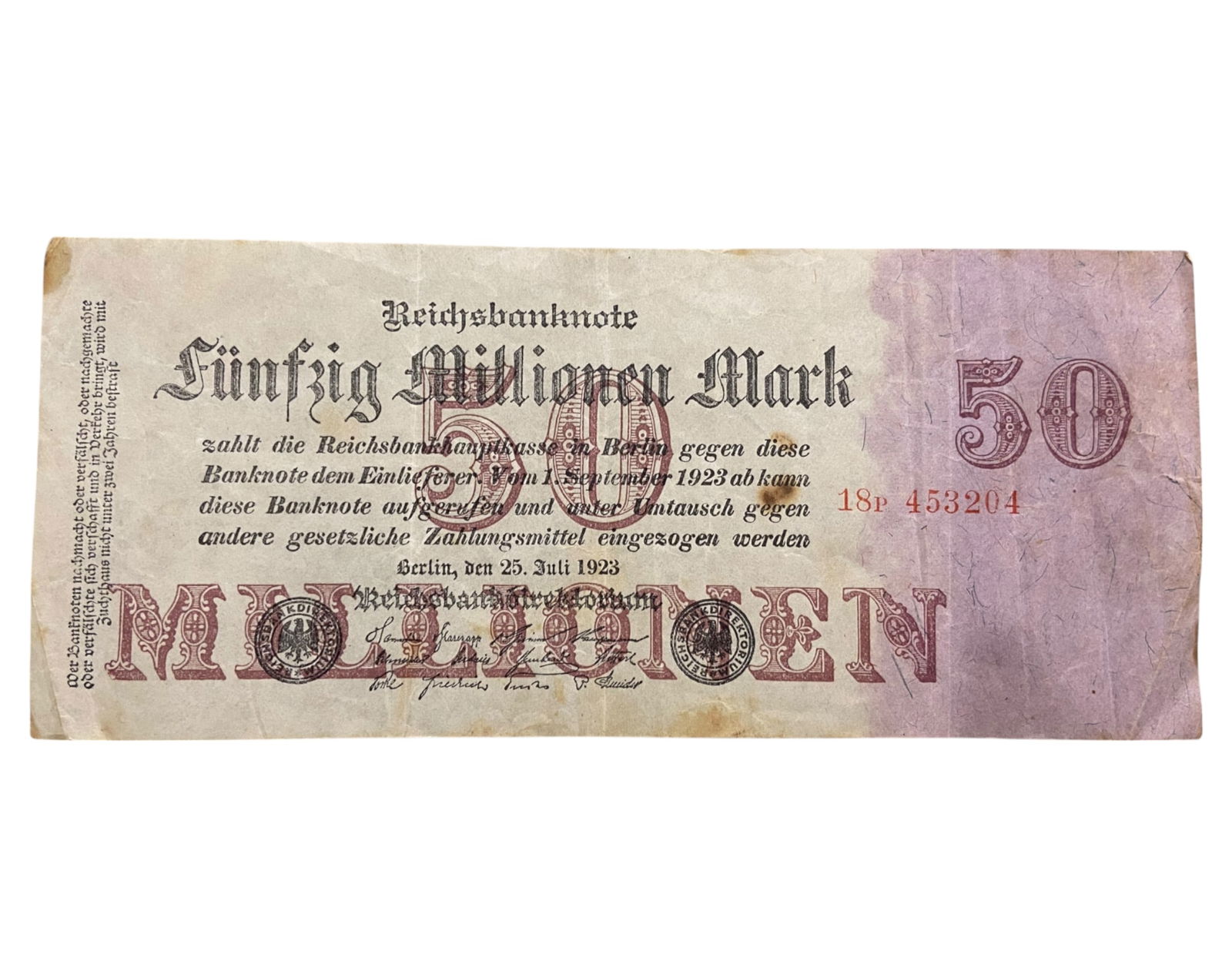 GERMANY: Weimar Republic - 50 Million Mark Banknote, 1923 Berlin Issue (1 of 2)