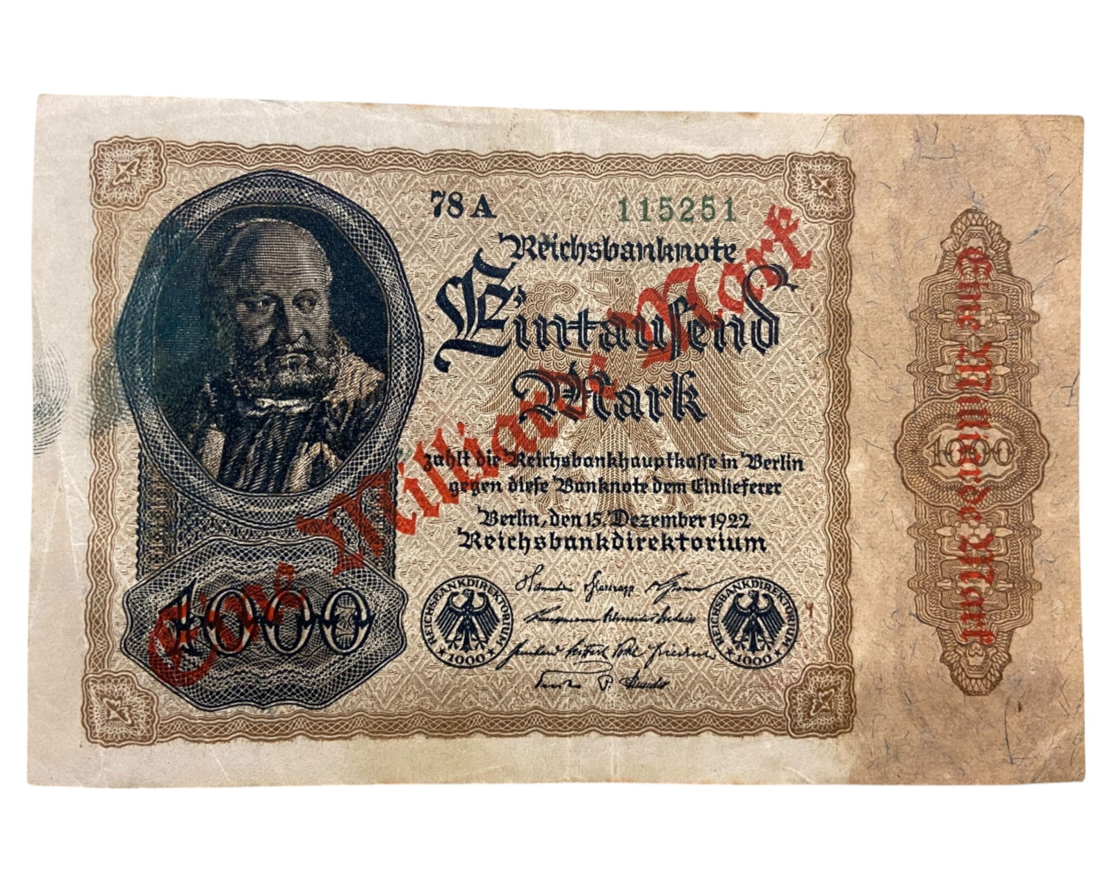 GERMANY: Weimar Republic - 1000 Mark Overprint 'Eine Milliarde Mark' Banknote, 1922/1923 Berlin (1 of 3)