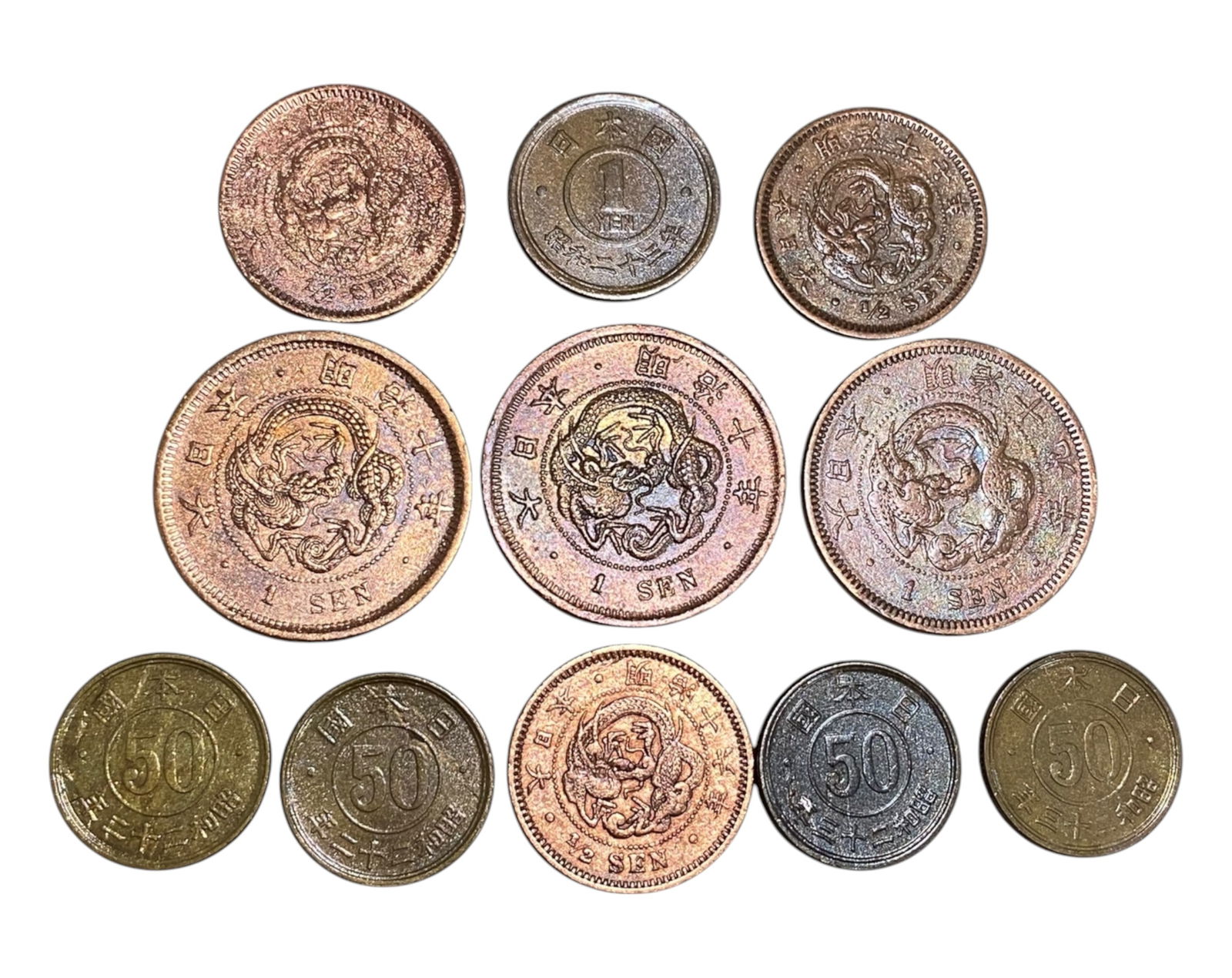 JAPAN: Meiji to Showa Period Coin Lot - Bronze & Nickel Issues, 1877-1957 (11 pcs, 18-28mm) (1 of 3)