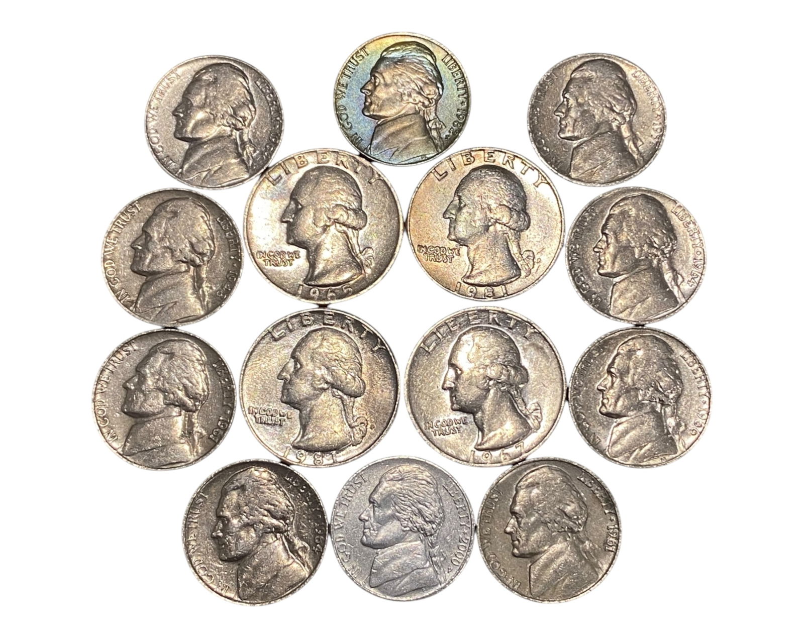 UNITED STATES: Jefferson Nickel & Washington Quarter Coin Group, 1948-2000 (14pcs) (20-24mm) (1 of 3)