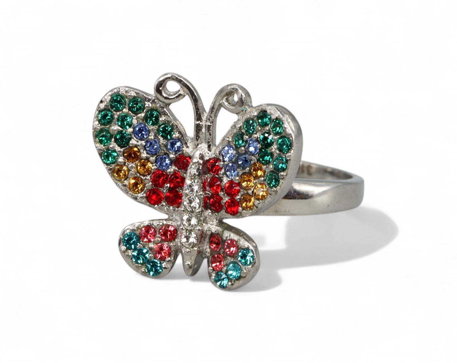 WHIMSICAL VINTAGE STYLE: Butterfly Ring - Multicolor Clear Stones, Silvertone Setting, Size US 9 (1 of 2)