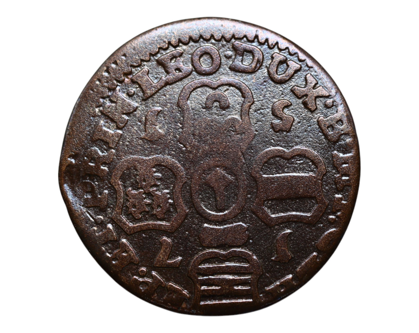 BELGIUM/LIEGE: Jean-Theodore of Bavaria - Ducal Arms Unity 2 Liards Coin, 18th Century, 23.1mm: Struck under the ecclesiastical rule of Jean-Theodore of Bavaria, this evocative 2 Liards coin embodies the enduring relationship between princely sovereignty and regional loyalty within the Prince-Bi