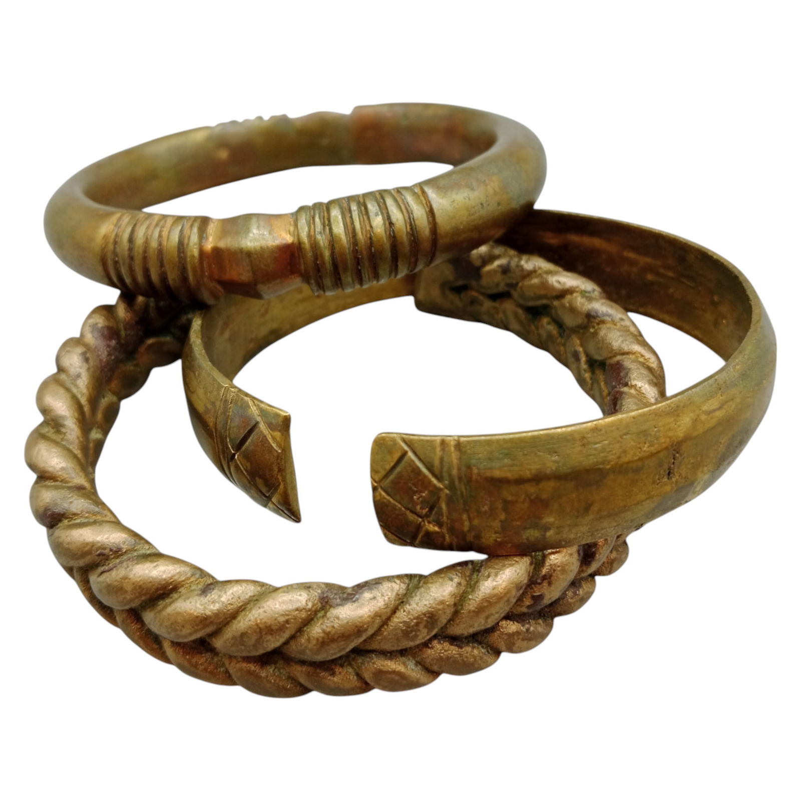 AFRICAN TRIBAL: 3 Bracelets - Cast Brass with Braided, Grooved & Incised Designs, 7-8cm (337g) (1 of 1)