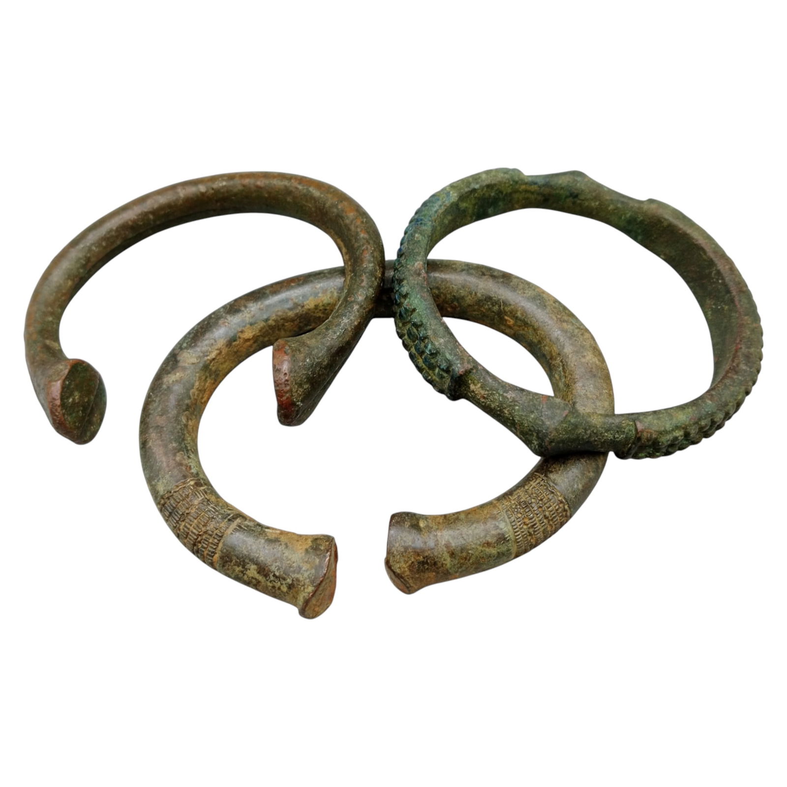 AFRICAN TRIBAL: 3 Bracelets - Cast Bronze with Ribbed & Domed Ends, 8-9cm (465g) (1 of 1)