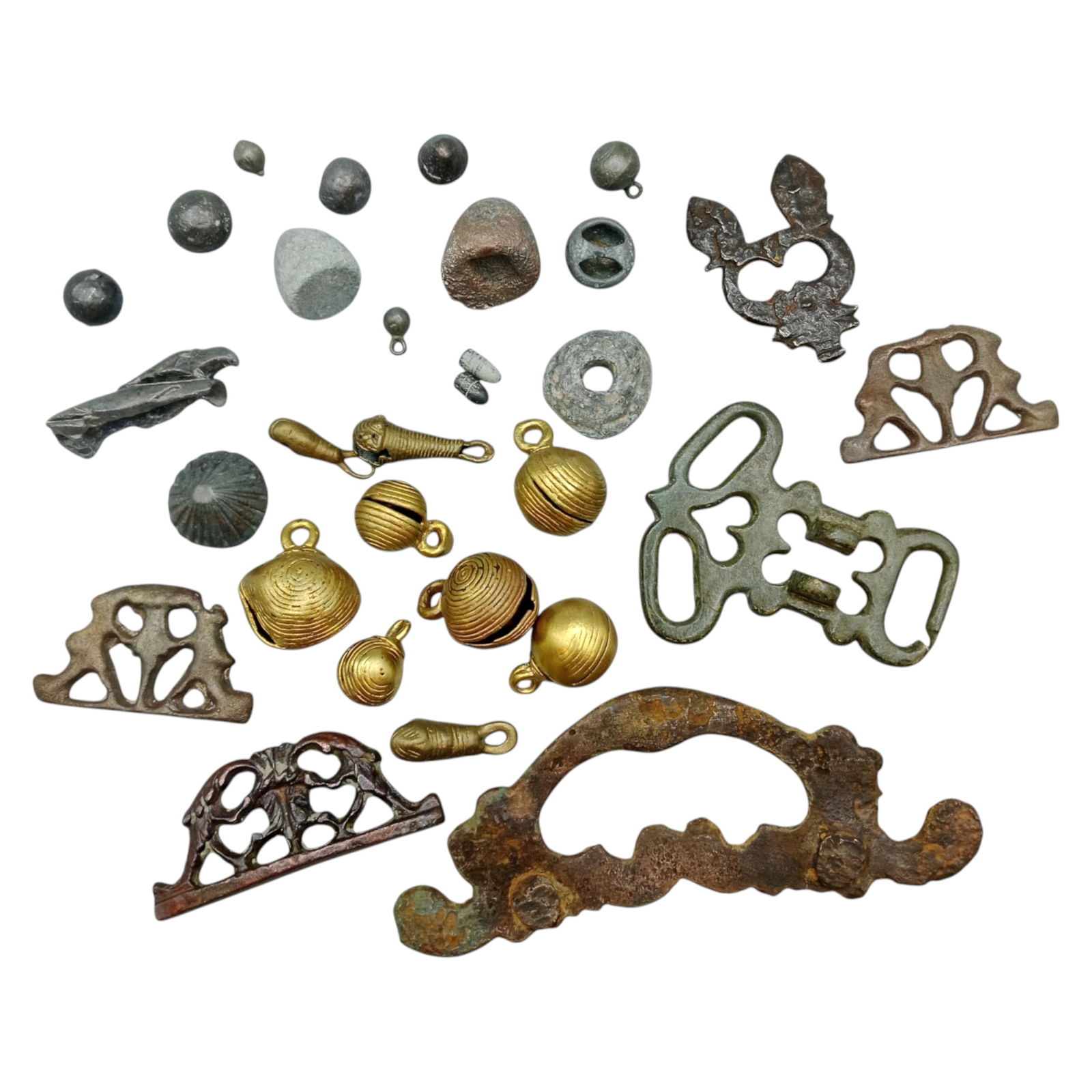 MEDIEVAL AFRICAN: Lot - Bronze, Lead & Mixed Metal Relics, 2-7cm (575g): A diverse collection of small-scale African metal relics spanning ornament, utility, and symbolic function. This 575g lot features finely cast granulated pendants, spiraled bronze beads, cast belt or