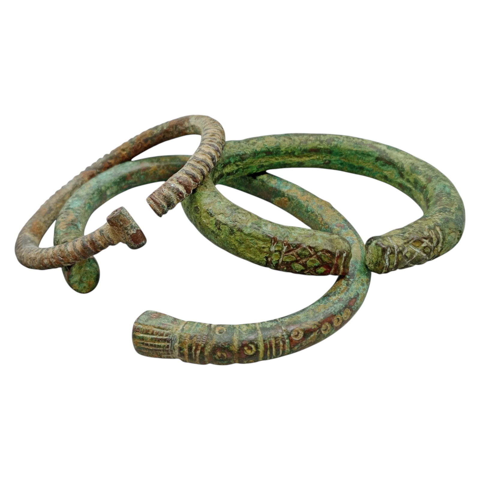 ANCIENT MEDIEVAL: 3 Bracelets - Bronze with Geometric Bands & Ridge Terminals, 8-11cm (574g) (1 of 1)
