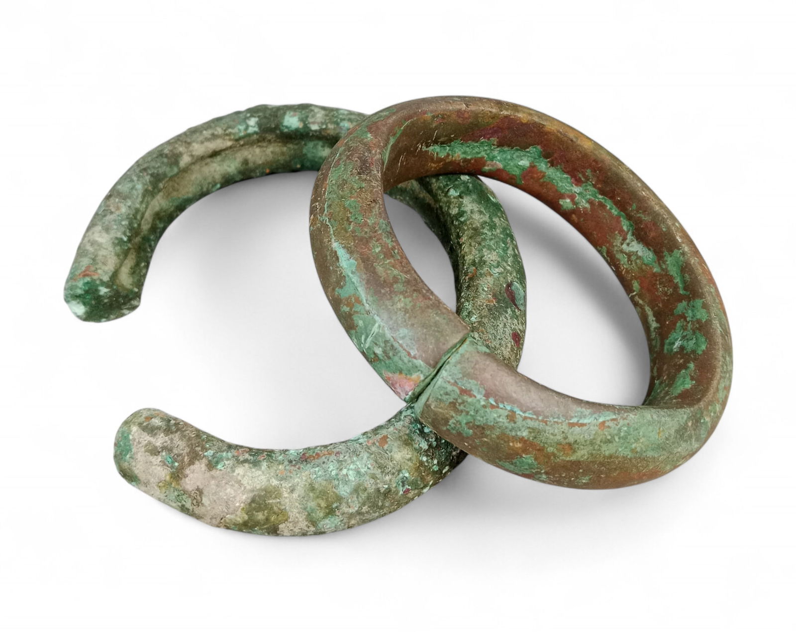 AFRICAN TRIBAL: Oversized Currency Bracelet Duo - Massive Verdigris Bronze Forms (1,200g, 2pcs) (1 of 1)