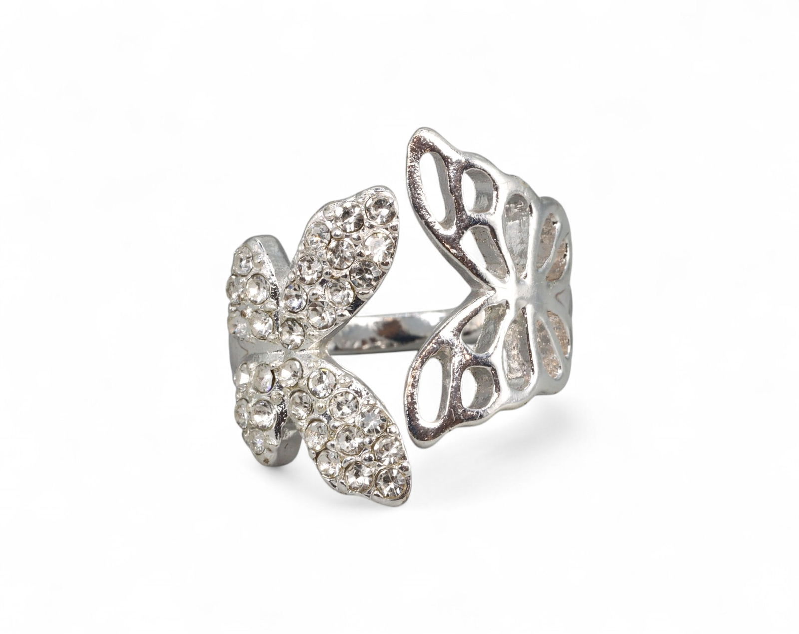 MODERN ROMANTIC: Butterfly Ring - Openwork & Pave Clear Stones, Silvertone (Adjustable Size) (1 of 2)