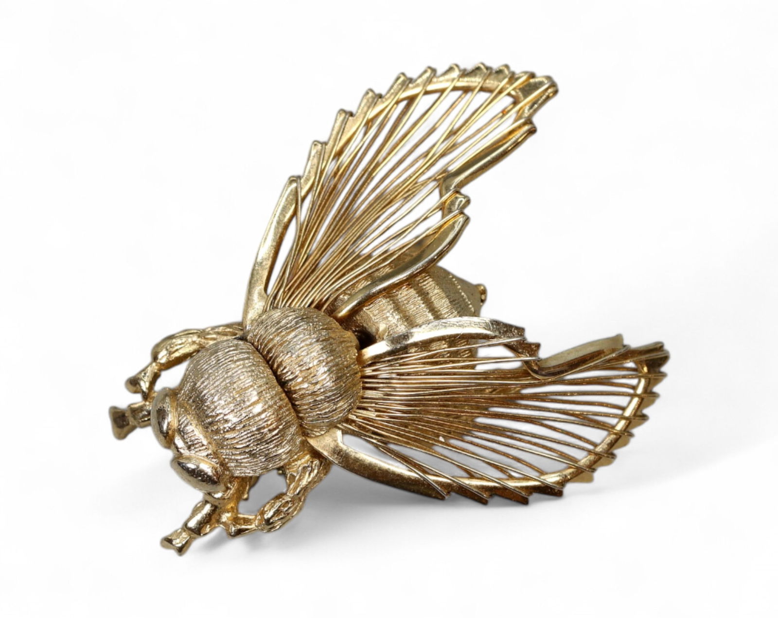 NATURE SYMBOLISM STYLE: Brooch - Sculptural Bee with Textured Body and Openwork Wings, Goldtone (4: A dynamic celebration of natural forms, this sculptural bee brooch is finely cast in rich goldtone, with a textured thorax and abdomen and dramatic openwork wings. The lifelike detailing and airy desi