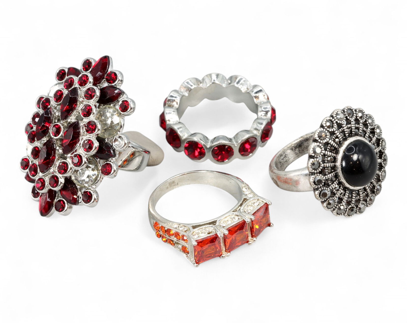 BOLD STATEMENT ERA: Ring Quartet - Scarlet Stones, Silvertone Texture & Retro Drama (4pcs, US 7-8) (1 of 1)