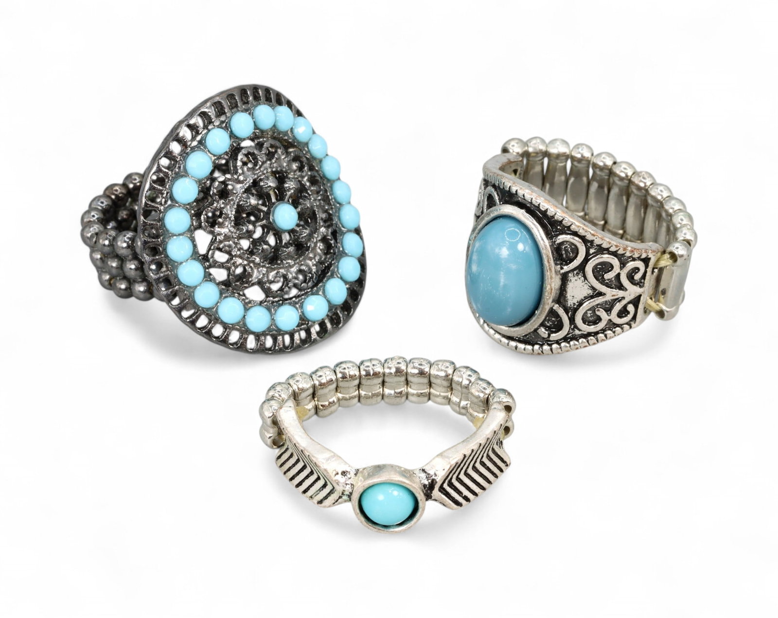 NATURE SYMBOLISM STYLE: Ring Trio - Tribal Filigree, Turquoise-Effect Stones & Stretch Bands, US 8-9: This distinctive trio evokes folkloric and nature-inspired jewelry aesthetics through intricate metalwork and cool-toned centerpiece stones. Included are: a large circular ring with dark silvertone fi