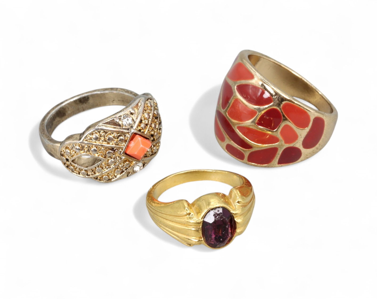VINTAGE MIXED ERA: Ring Trio - Coral & Garnet Hues, Goldtone Mosaic & Pave Scrollwork (US 5-7) (1 of 1)