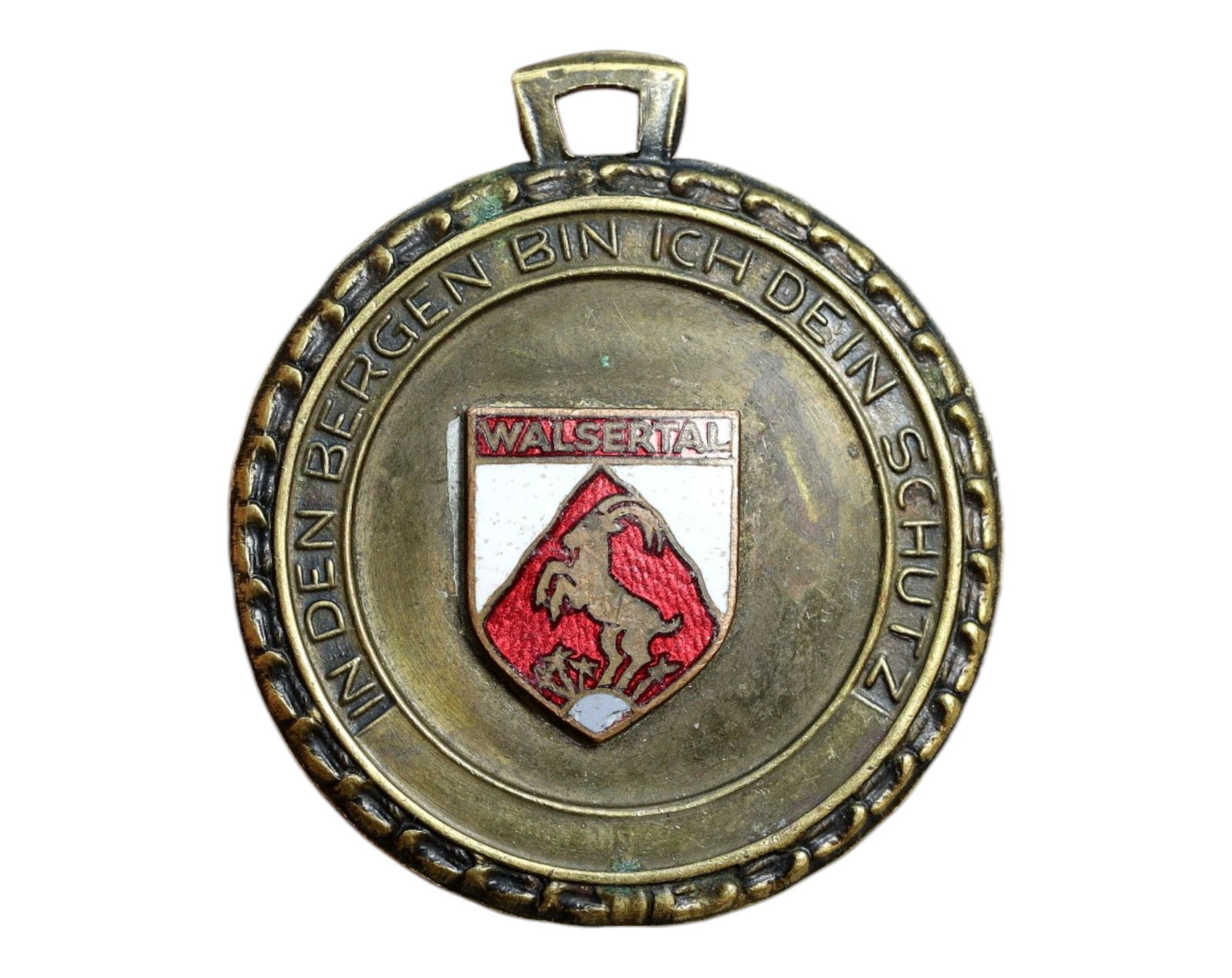 AUSTRIA/ALPINE REGION: Walsertal - Guardian of the Mountains Bronze Medal, undated, 35mm: Evoking the spiritual connection between man and mountain, this bronze medal from the Walsertal valley in Austria serves as a powerful cultural emblem. The obverse features the red ibex crest of the W