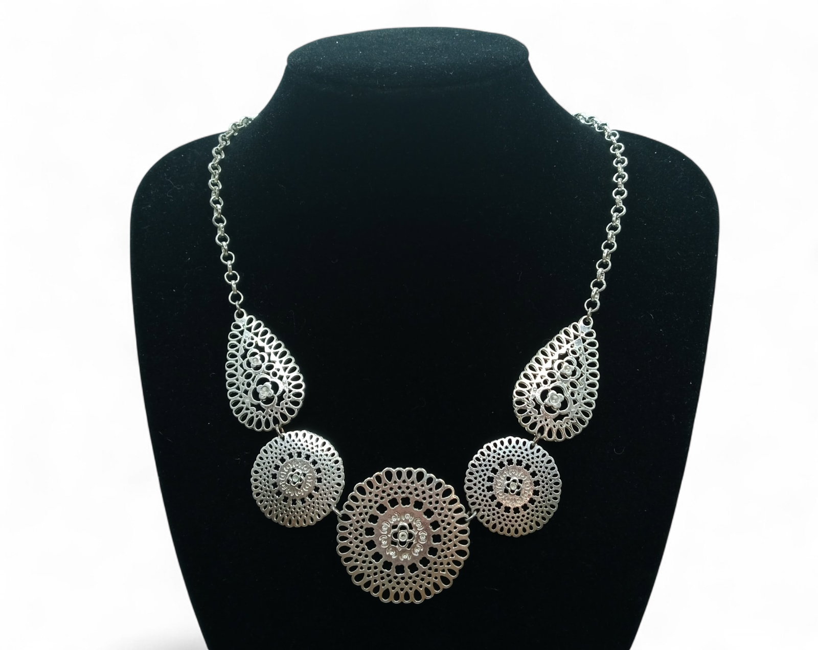 Necklace - Mandala-Inspired Filigree Medallions, Silvertone, 60cm: This intricately crafted necklace features five openwork medallions in teardrop and circular forms, joined along a silvertone chain with adjustable length. Each element is designed with mandala-like f