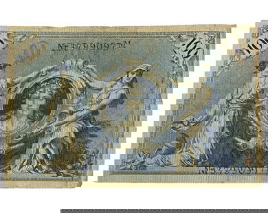 GERMANY/IMPERIAL ERA: Allegory and Empire - Reichsbanknote 100 Mark Banknote, 1908 Berlin, 16x10cm: This 1908 100 Mark Reichsbanknote is among the most emblematic issues of imperial Germany, blending neoclassical symbolism with financial authority. The reverse features two allegorical female figures