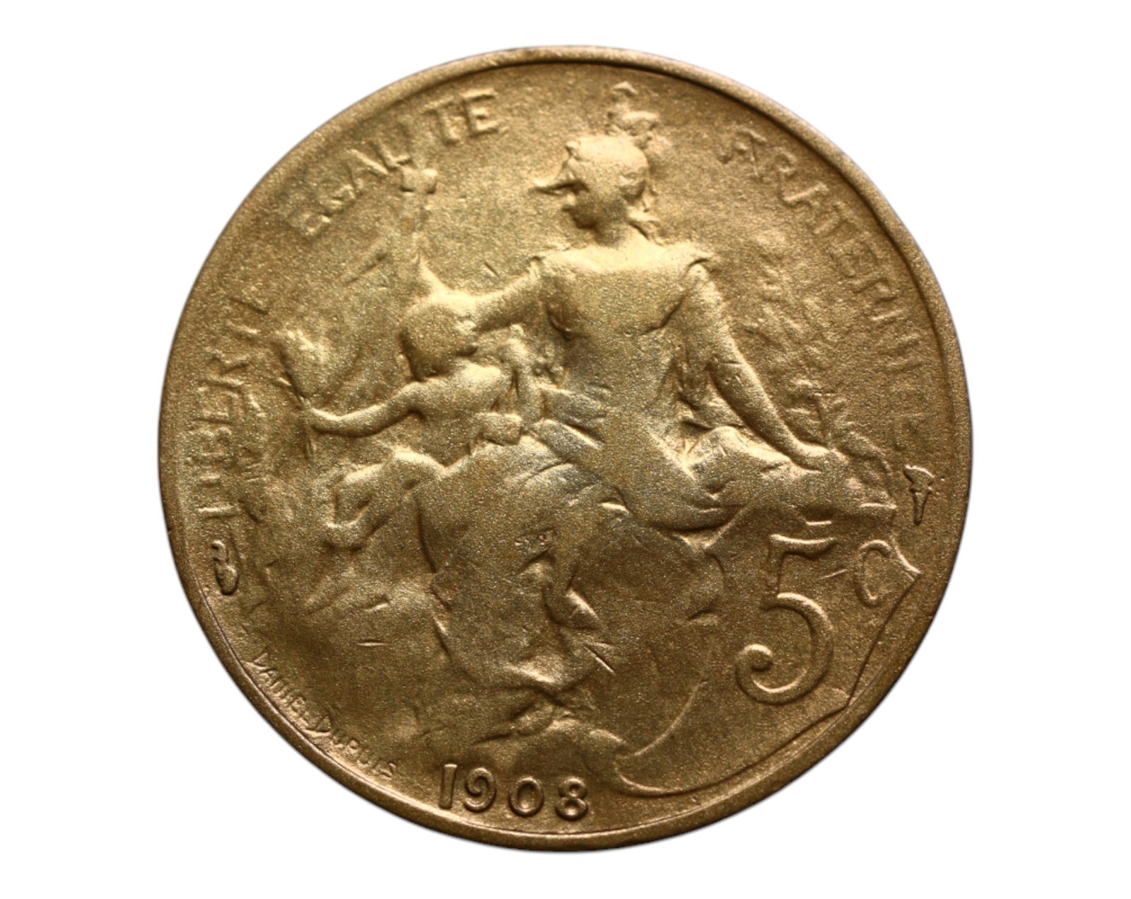 FRANCE: Republican Allegory - Liberty and Fraternity 5 Centimes Coin, 1908, 25mm: Issued in 1908 at the height of France's Third Republic, this 5 Centimes coin masterfully captures the ideals of "Liberte, egalite, Fraternite" through dynamic classical allegory. Liberty is depicted 