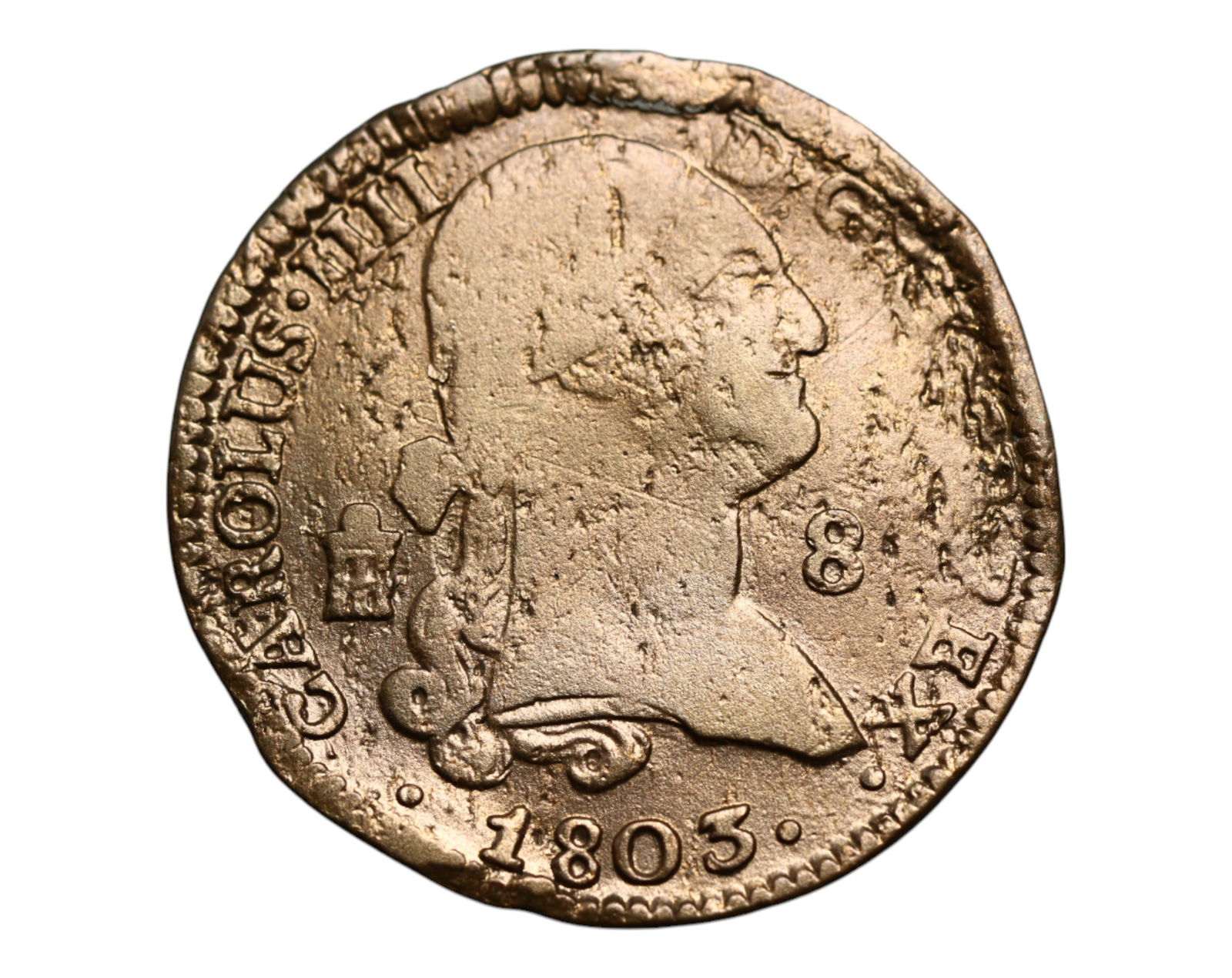 SPAIN: Carlos IIII - Imperial Unity 8 Maravedis Coin, 1803 Segovia Mint, 32mm (1 of 3)