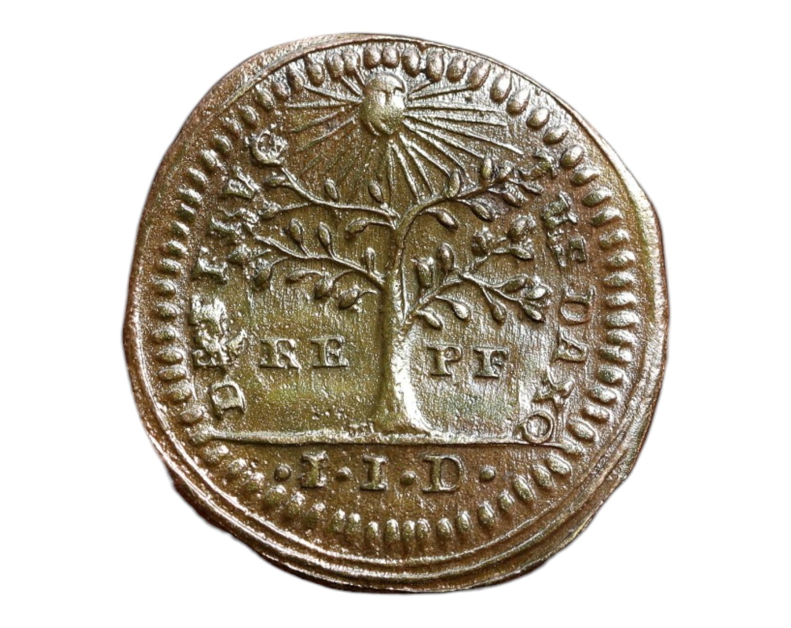 NAPLES-SICILY: Queen Carolina - Prosperity from Adversity Olive Tree Copper Medallic Coin, c.1790: Struck during the enlightened reign of Queen Maria Carolina, this evocative 19mm copper medallic issue captures the Neapolitan court's aspirations for resilience and prosperity amid turbulent times. T