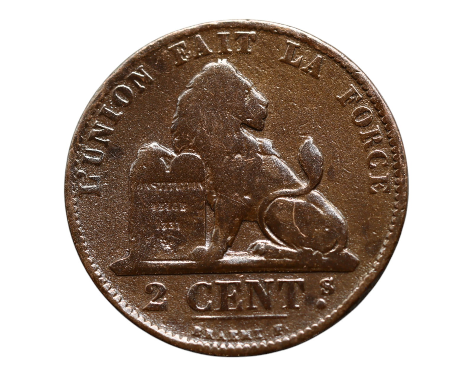 BELGIUM: Leopold II - Unity Through Strength 2 Centimes Coin, 1874, 22mm: Issued under King Leopold II in 1874, this 2 Centimes coin captures the young Belgian nation's ideal of "L'Union Fait la Force" ("Unity Makes Strength"), a motto proudly displayed above a vigilant lio
