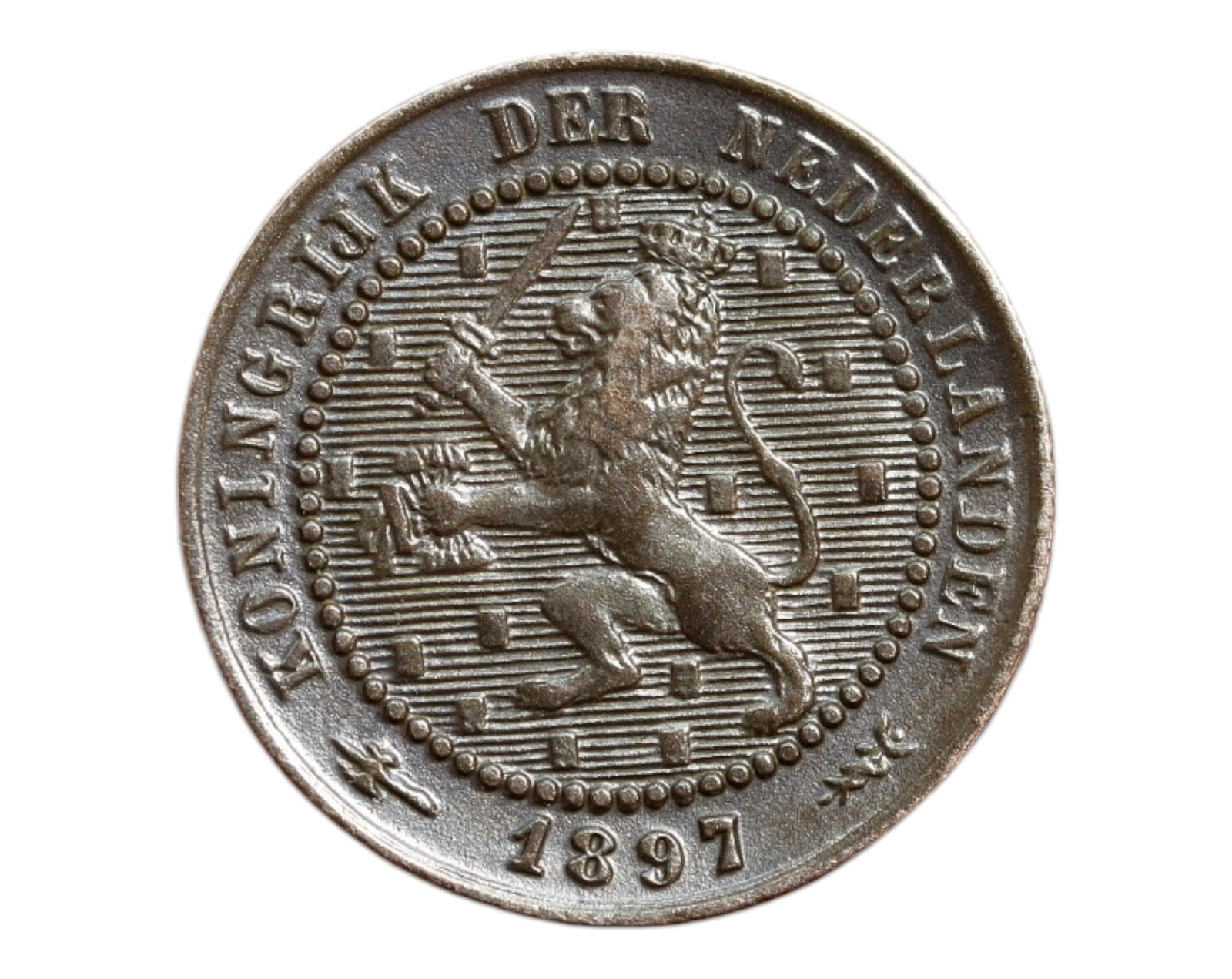 NETHERLANDS: Kingdom Strength - Lion Rampant 1 Cent Coin, 1897, 19mm: Struck at the twilight of the 19th century, this 1897 1 Cent coin captures the enduring spirit of the Netherlands through a powerful heraldic image. The obverse features the iconic Dutch lion, sword a