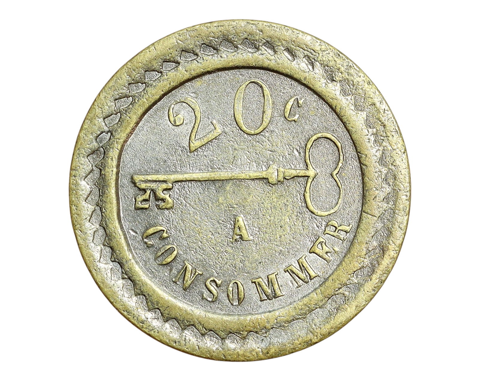FRANCE: Key Motif Bar Token - 20 Centimes Coin, Undated (20mm) (1 of 3)