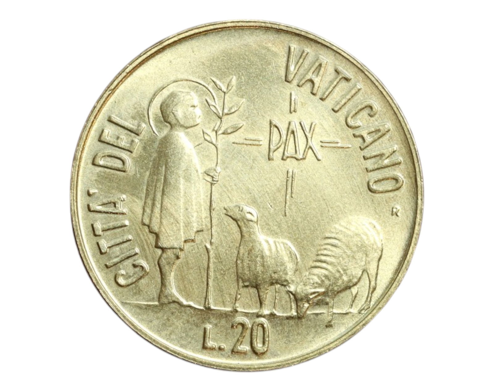VATICAN CITY: Pope John Paul II - Pax Shepherd 20 Lire Coin, 1984 R, 21mm: This 1984 Vatican 20 Lire coin beautifully embodies Pope John Paul II's pastoral mission through its serene depiction of Christ the Good Shepherd. On the reverse, a robed figure with a halo tends to t