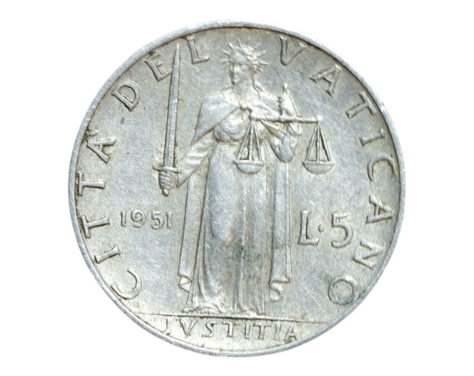 VATICAN CITY: Pius XII - Justice and Moral Order 5 Lire Coin, 1951, 20mm: Issued during the postwar spiritual reawakening under Pope Pius XII, this 5 Lire coin from 1951 champions the theme of Justitia-justice-as a divine mandate. The figure of Lady Justice dominates the ob
