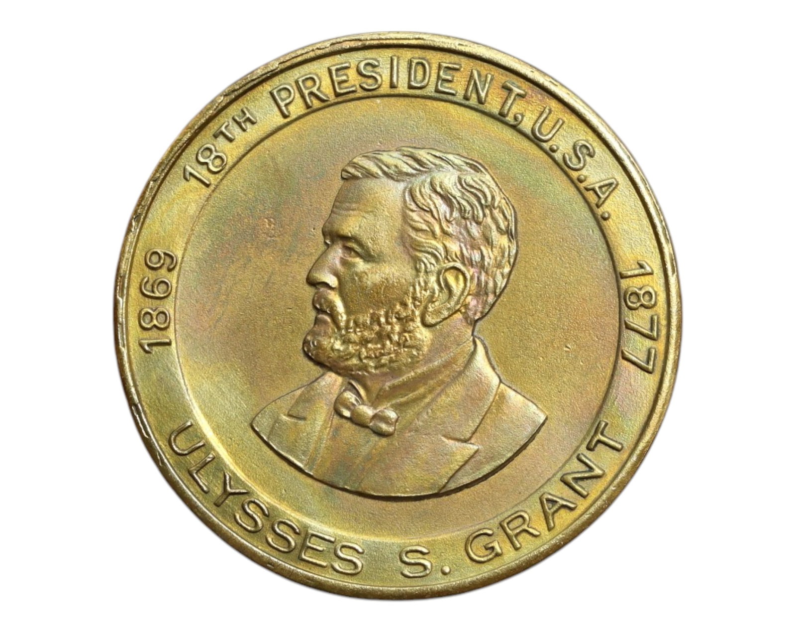 UNITED STATES: Ulysses S. Grant - Bronze Presidential Medal, 1869-1877 (26mm): Struck to commemorate the 18th President of the United States, this 26mm bronze medal features a left-facing bust of Ulysses S. Grant encircled by the legend '18th President U.S.A. 1869-1877.' Revered