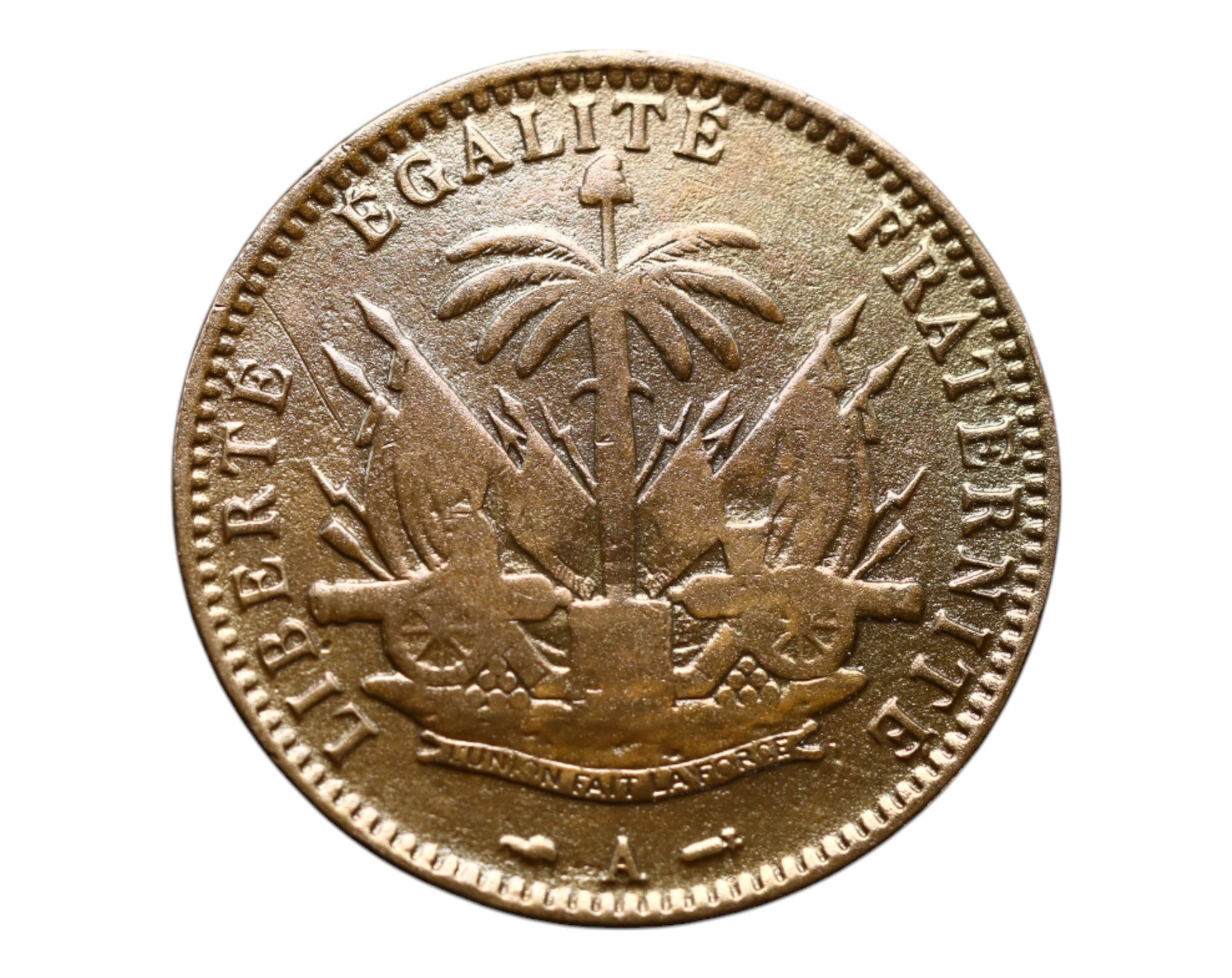 HAITI: National Unity - Republic of Haiti 1 Cent Coin, 1895, 25mm: Struck in 1895 during a period of intense nation-building, this 1 Cent coin from the Republic of Haiti is a stirring tribute to the ideals of liberty, equality, and fraternity. The obverse displays th