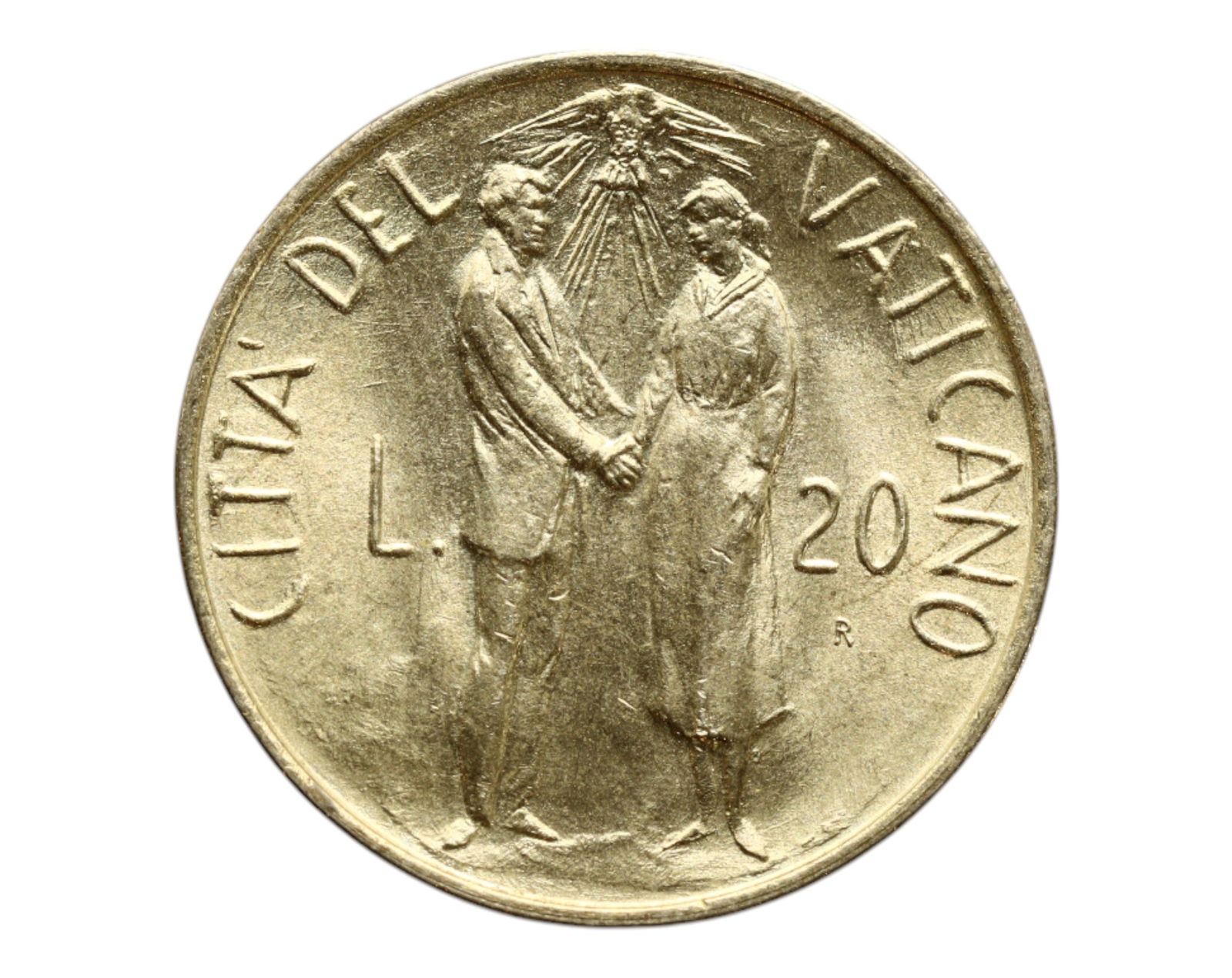 Vatican 20 Lire Coin - Pope John Paul II, Marriage Motif (22mm): Struck in 1979 under the papacy of John Paul II, this vintage 20 Lire Vatican coin bears a profile portrait of the pontiff on the obverse, inscribed with IOANNES PAVLVS II P.M. AN. I MCMLXXIX (Year I,