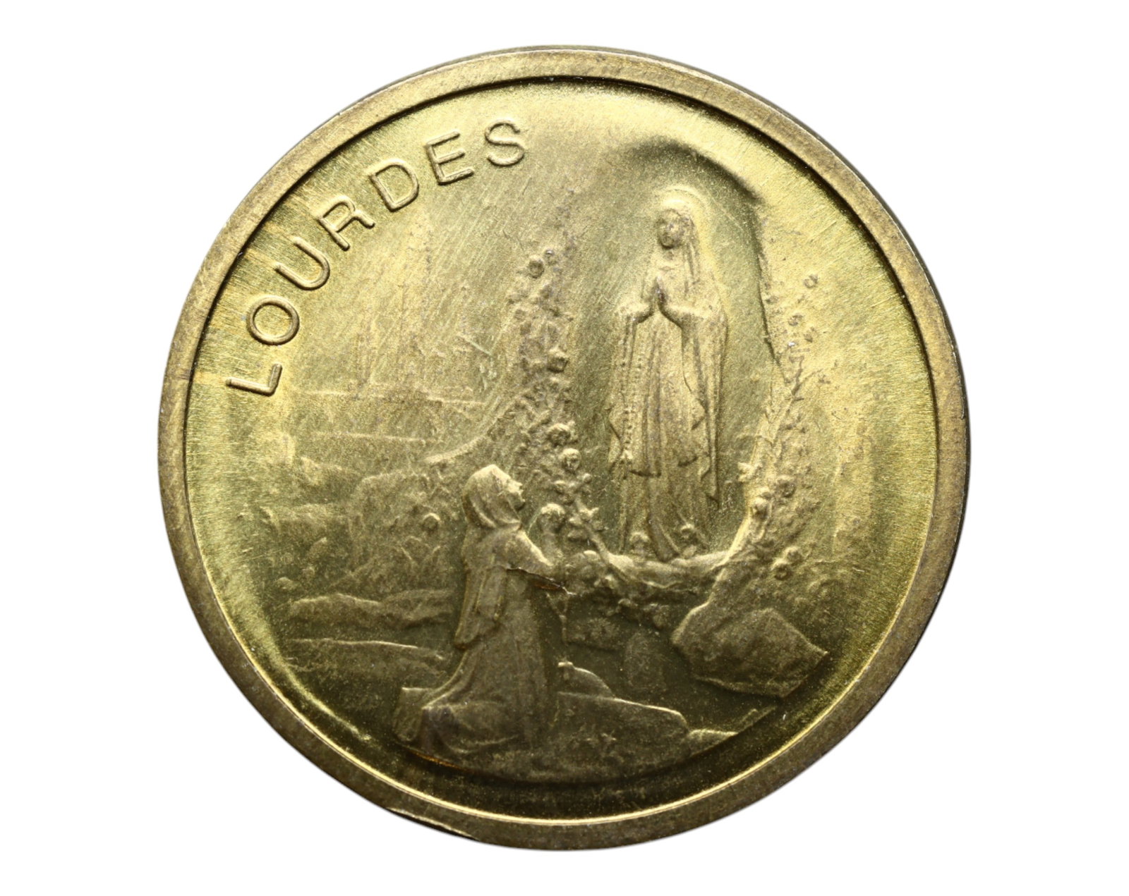 FRANCE: Lourdes Apparitions - 150th Anniversary Religious Commemorative Token, 2008, 30mm: Struck to honor the sacred 150th anniversary of the Marian apparitions at Lourdes, this commemorative token captures a moment of deep Catholic devotion and miraculous vision. One side presents a seren