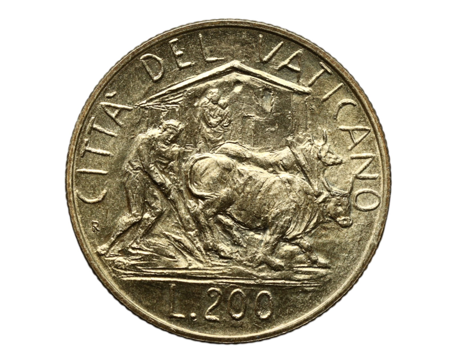 VATICAN CITY: Pope John Paul II - Nativity & Labor 200 Lire Coin, 1982 R, 23mm: Struck in 1982, this 200 Lire coin from Vatican City unites the sacred and the secular in a powerful visual meditation on the dignity of labor. The obverse bears a finely rendered profile of Pope John