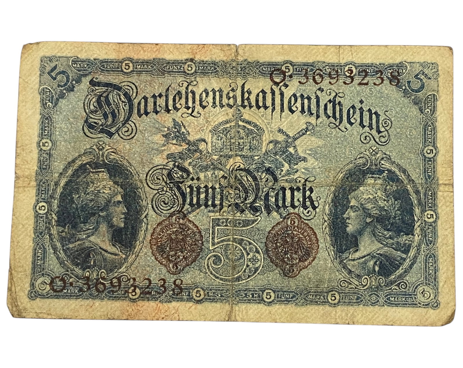 GERMANY/WWI ERA: Patriotic Fortitude - Darlehnskassenschein 5 Mark Banknote, 1914 Berlin, 12x8cm: Issued on August 5, 1914-just two days after Germany declared war-this 5 Mark Darlehnskassenschein exemplifies the immediacy and symbolism of wartime monetary instruments. Flanked by neoclassical bust