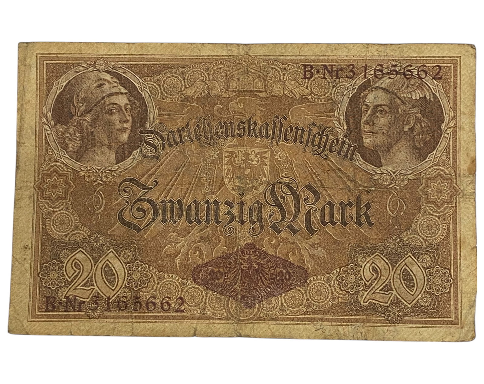 GERMANY/WWI ERA: Allegory of Valor - Darlehnskassenschein 20 Mark Banknote, 1914 Berlin, 14x9cm: Issued at the onset of World War I on August 5, 1914, this 20 Mark Darlehnskassenschein is a powerful visual composition embodying patriotic fortitude. The front features helmeted classical figures-sy