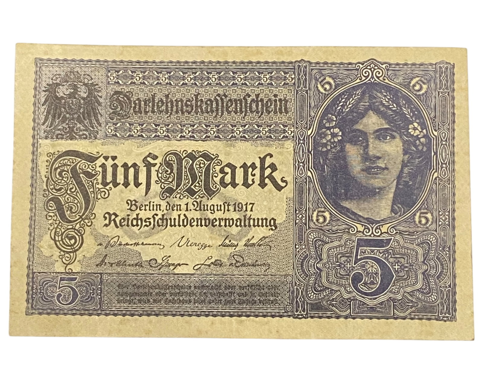 GERMANY/WWI ERA: Imperial Allegory - Darlehnskassenschein 5 Mark Banknote, 1917 Berlin, 120x80mm: Printed at the height of World War I in Berlin, this 5 Mark Darlehnskassenschein exemplifies the union of classical iconography with wartime necessity. A crowned female figure-evocative of Germania-is