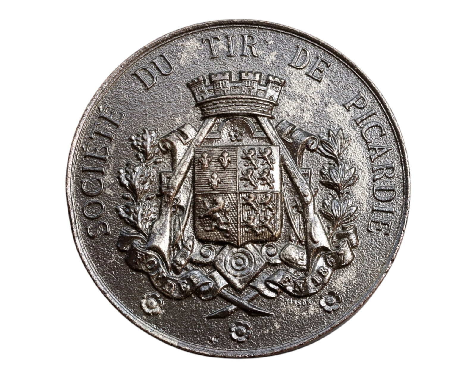 FRANCE: Civic Marksman - Societe du Tir de Picardie Shooting Prize Medal, c.1886, 50mm: Issued by the historic Societe du Tir de Picardie, this striking bronze medal honors the ideals of discipline, precision, and republican fraternity associated with civic marksmanship in 19th-century F