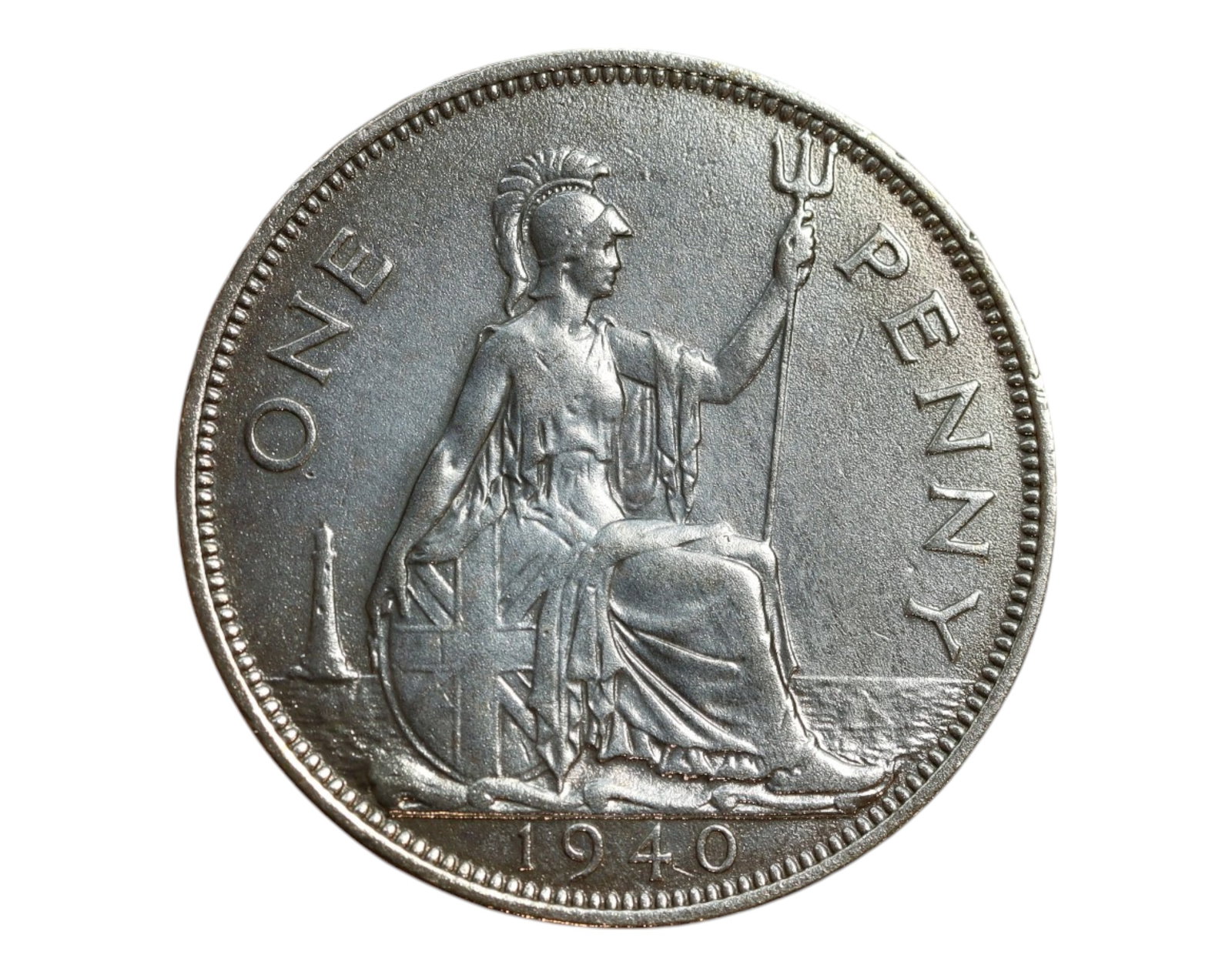 UNITED KINGDOM: George VI - Wartime Britannia 1 Penny Coin, 1940, 30mm: Issued at the height of World War II, this 1940 bronze penny bears the resolute likeness of King George VI, whose calm leadership embodied the British wartime spirit. The obverse features his crowned 