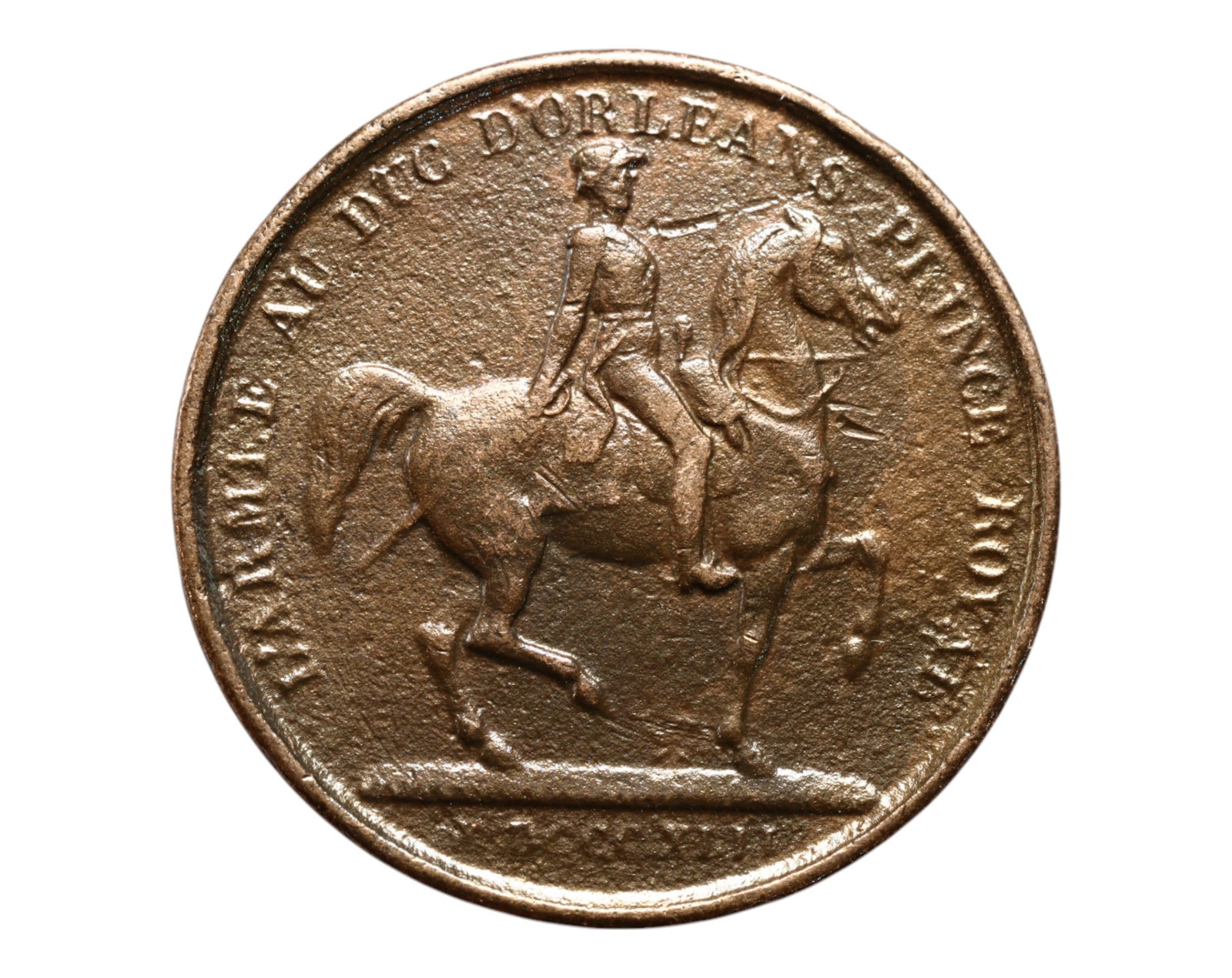 FRANCE: Louis-Philippe I - Royal Army Loyalty Medal, 1842, 26mm: This bronze medal honors the dynastic symbolism of the July Monarchy through the martial valor of the Prince Royal, Ferdinand Philippe, Duke of Orleans. One side presents a stately bust of King Louis-