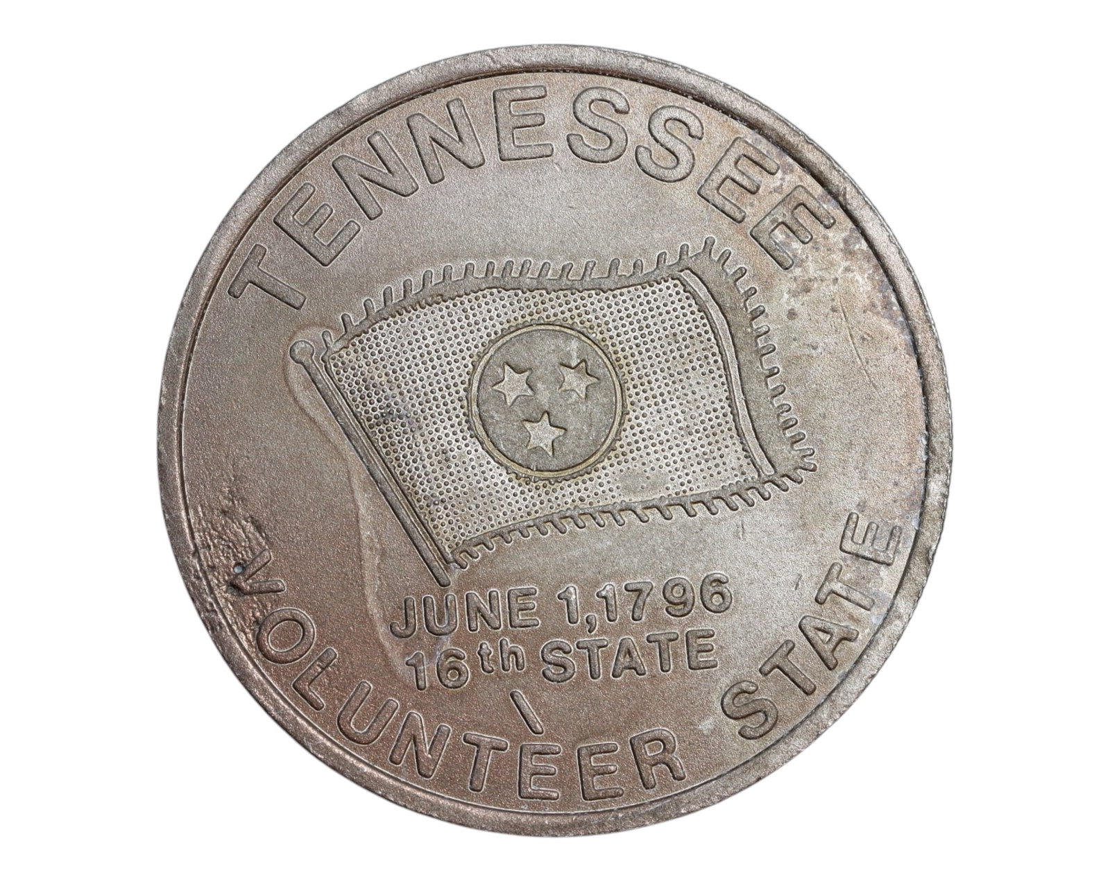 USA/TENNESSEE: Volunteer State - Statehood Commemorative Token, June 1, 1796, 38mm: Celebrating Tennessee's entry into the Union as the 16th state, this large 38mm commemorative token honors the Volunteer State's foundational legacy in American history. One side bears the proudly wav