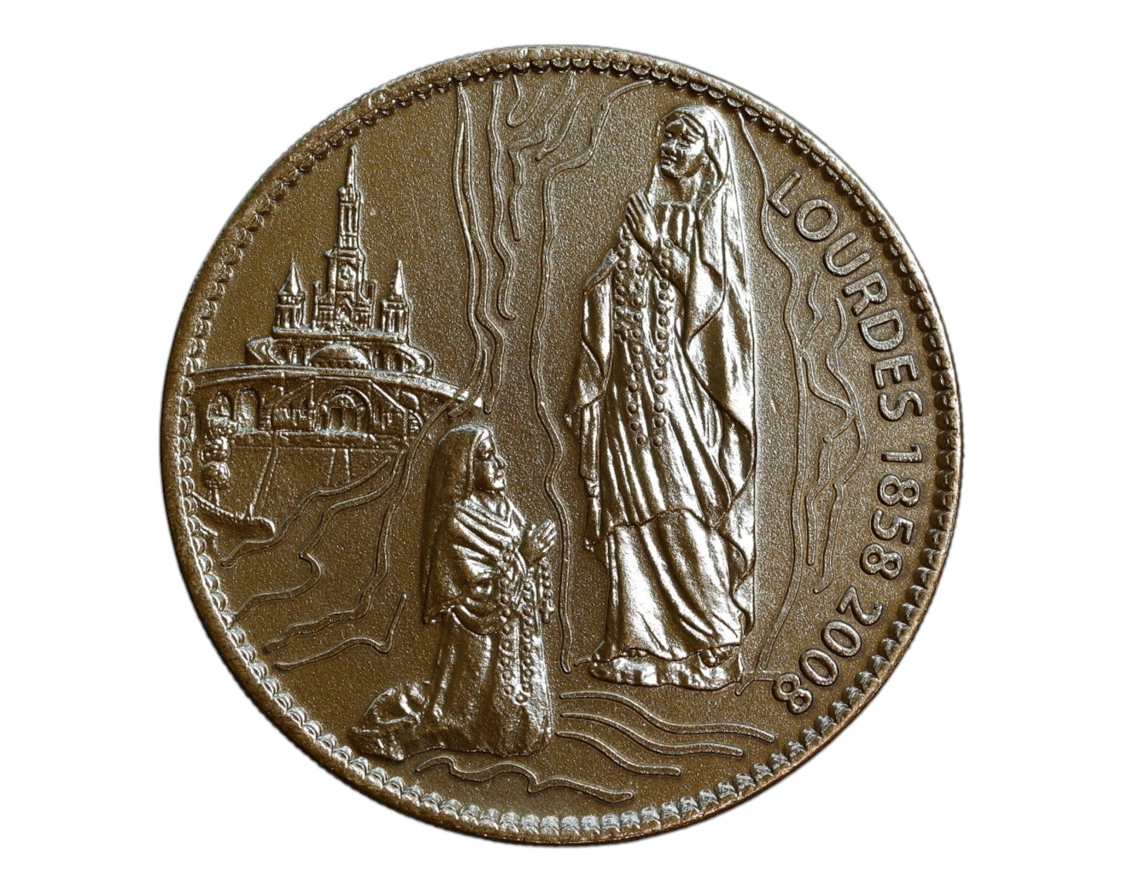 FRANCE: Lourdes Apparition - Sainte Bernadette Commemorative Medal, 1858-2008, 34mm: This evocative bronze-finish medal commemorates the 150th anniversary of the Marian apparitions at Lourdes, a defining spiritual event in modern Catholic history. The obverse presents the vision of th