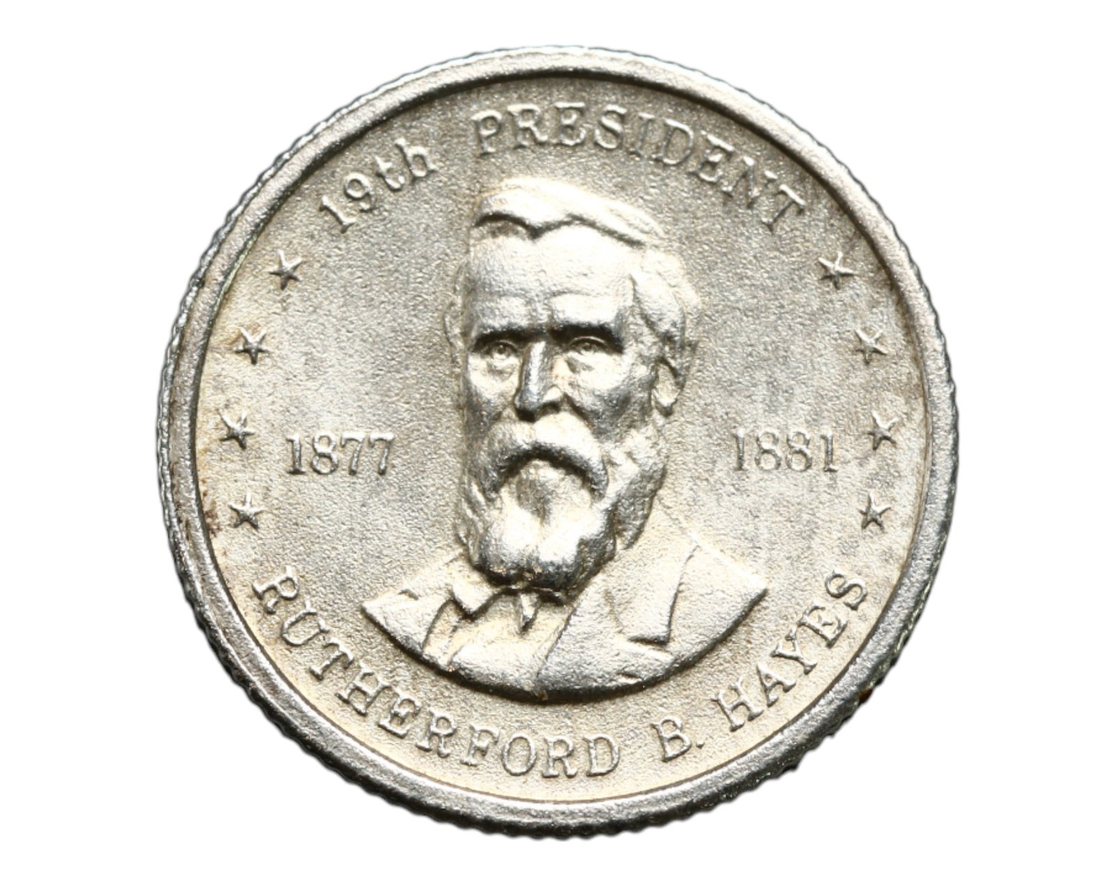 FRANKLIN MINT: Rutherford B. Hayes - Reconstruction Closure Miniature Coin, 1877-1881, USA, 10mm: This intricately detailed miniature coin by the Franklin Mint commemorates the 19th President of the United States, Rutherford B. Hayes, whose single term marked the formal end of Reconstruction in th