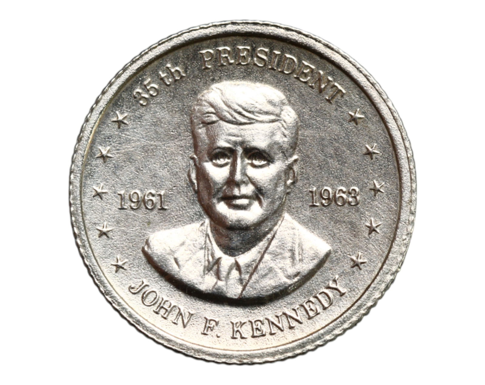 FRANKLIN MINT: John F. Kennedy - New Frontier Vision Miniature Coin, 1961-1963, USA, 10mm: Struck by the Franklin Mint in tribute to America's 35th president, this miniature coin commemorates the enduring legacy of John F. Kennedy-a symbol of optimism, modern leadership, and Cold War resolv