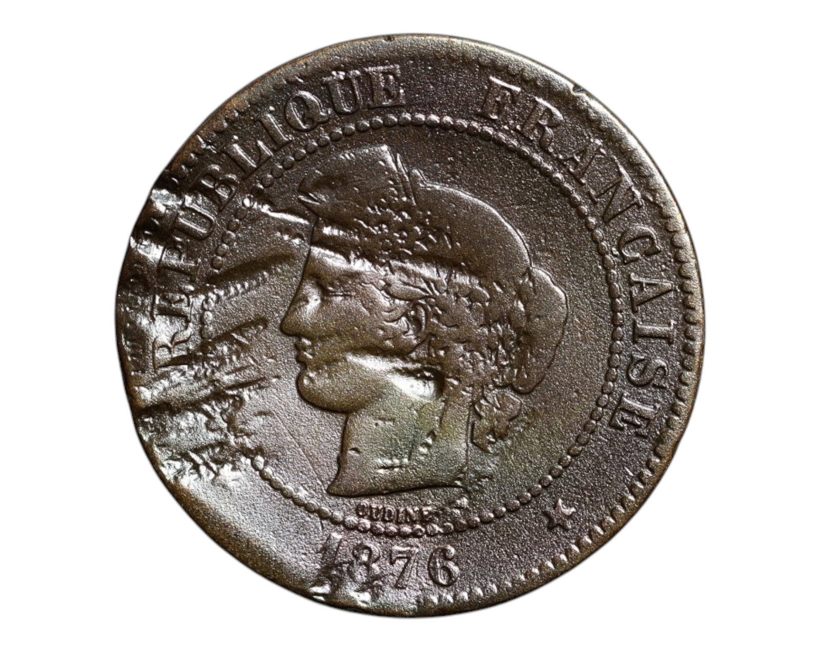 FRANCE/THIRD REPUBLIC: Marianne - Liberty and Reform 5 Centimes Coin, 1876 A Paris Mint, 25mm: Struck at the height of France's turbulent transition into republicanism, this 1876 5 Centimes coin bears the resolute image of Marianne, the allegorical embodiment of Liberty and the French Republic.