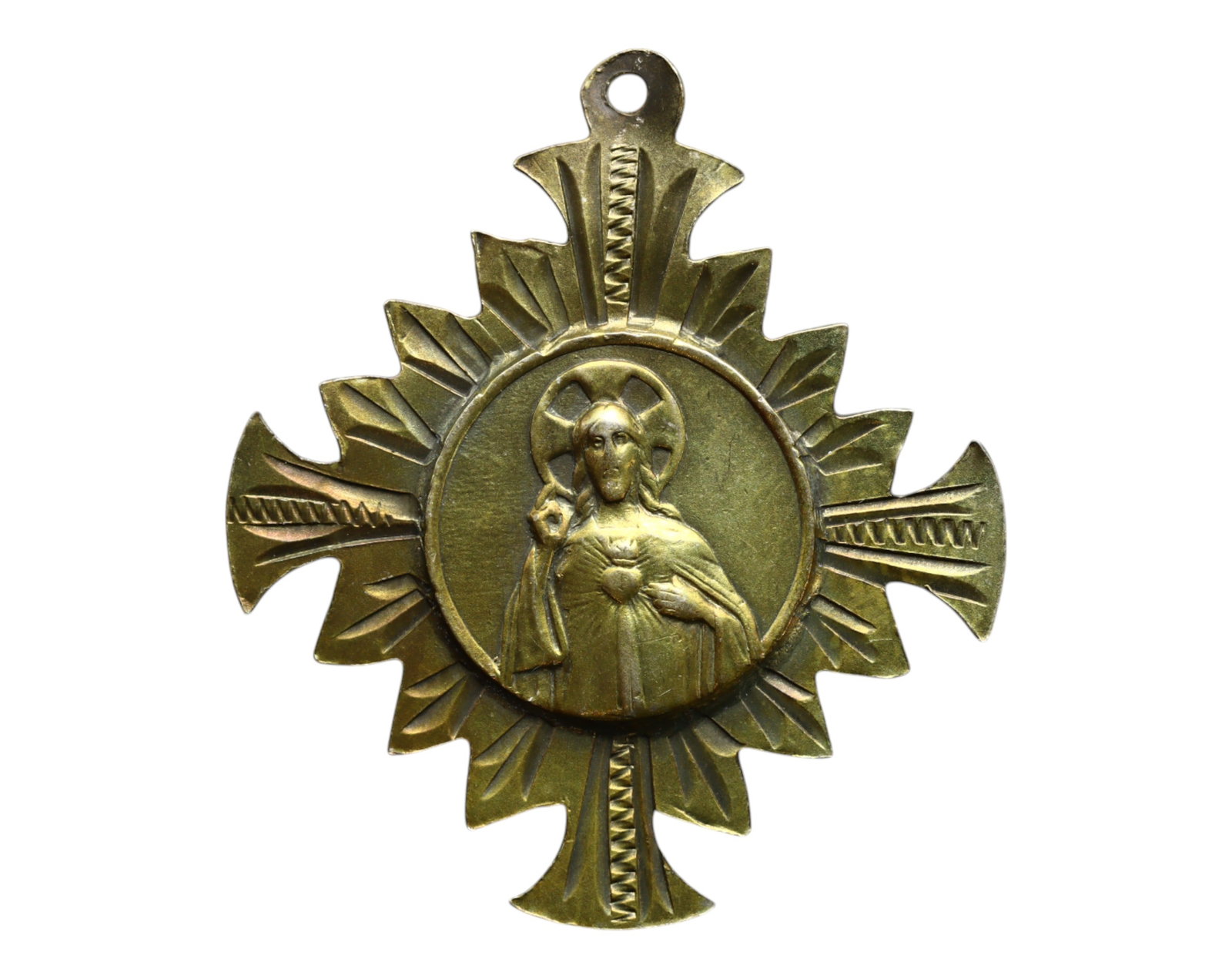 SPAIN: Tibidabo Basilica - Sacred Heart of Jesus Devotional Medal (Silver), c. Early 20th Century,: Radiating devotion in both form and symbolism, this silver devotional medal hails from the iconic Temple Expiatori del Sagrat Cor atop Mount Tibidabo in Barcelona. Fashioned in the shape of a stylized