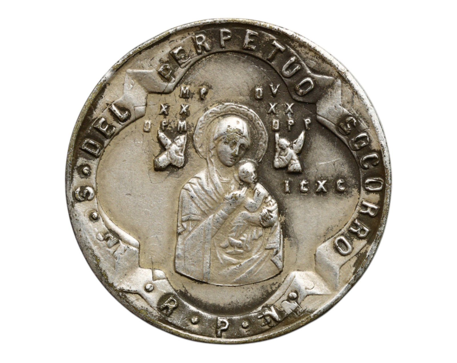 VATICAN: Our Lady of Perpetual Help - Devotional Marian Medal with Mounting Bar, 20th Century, 20mm: This finely cast devotional medal honors Our Lady of Perpetual Help-a revered Byzantine icon embraced widely by Roman Catholic tradition. Central to the design is the Madonna holding the Christ child,