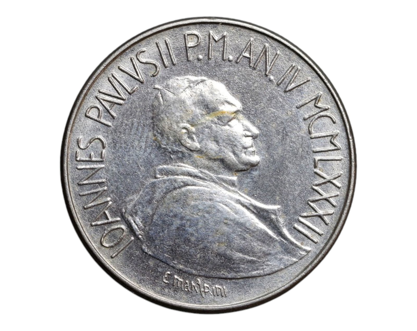 VATICAN CITY: Pope John Paul II - Pastoral Devotion 50 Lire Coin, 1982, 24mm: Issued during the fourth year of Pope John Paul II's pontificate, this 50 Lire coin from Vatican City honors his vision of spiritual leadership in a modern age. The obverse bears a compassionate pasto