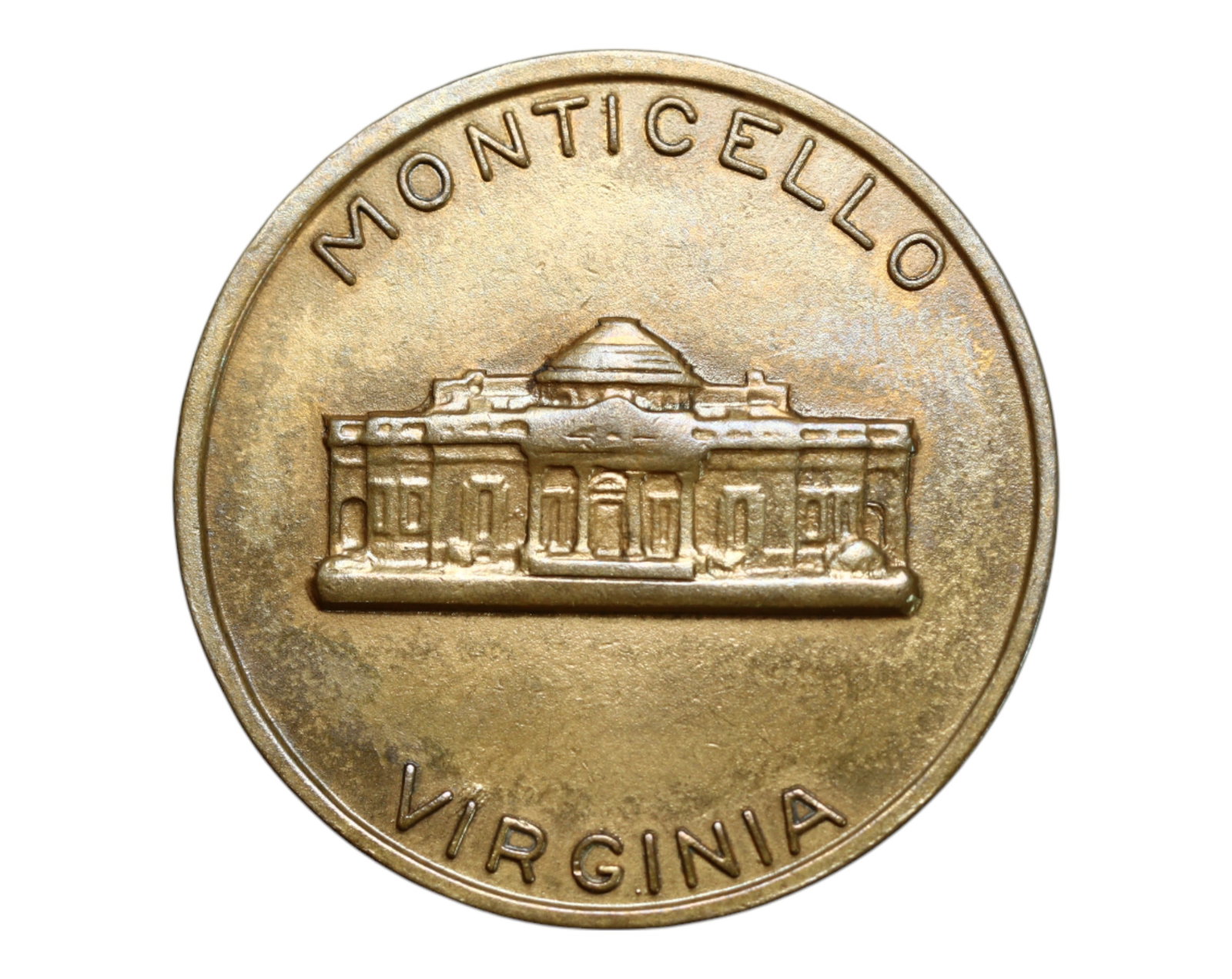USA:Enlightenment in Stone-Thomas Jefferson&Monticello Commemorative Medal,c.20th Century, 29mm: This mid-20th century commemorative medal celebrates Thomas Jefferson-Founding Father, statesman, and architect of both liberty and Monticello. The obverse presents a youthful, neoclassical bust of Je
