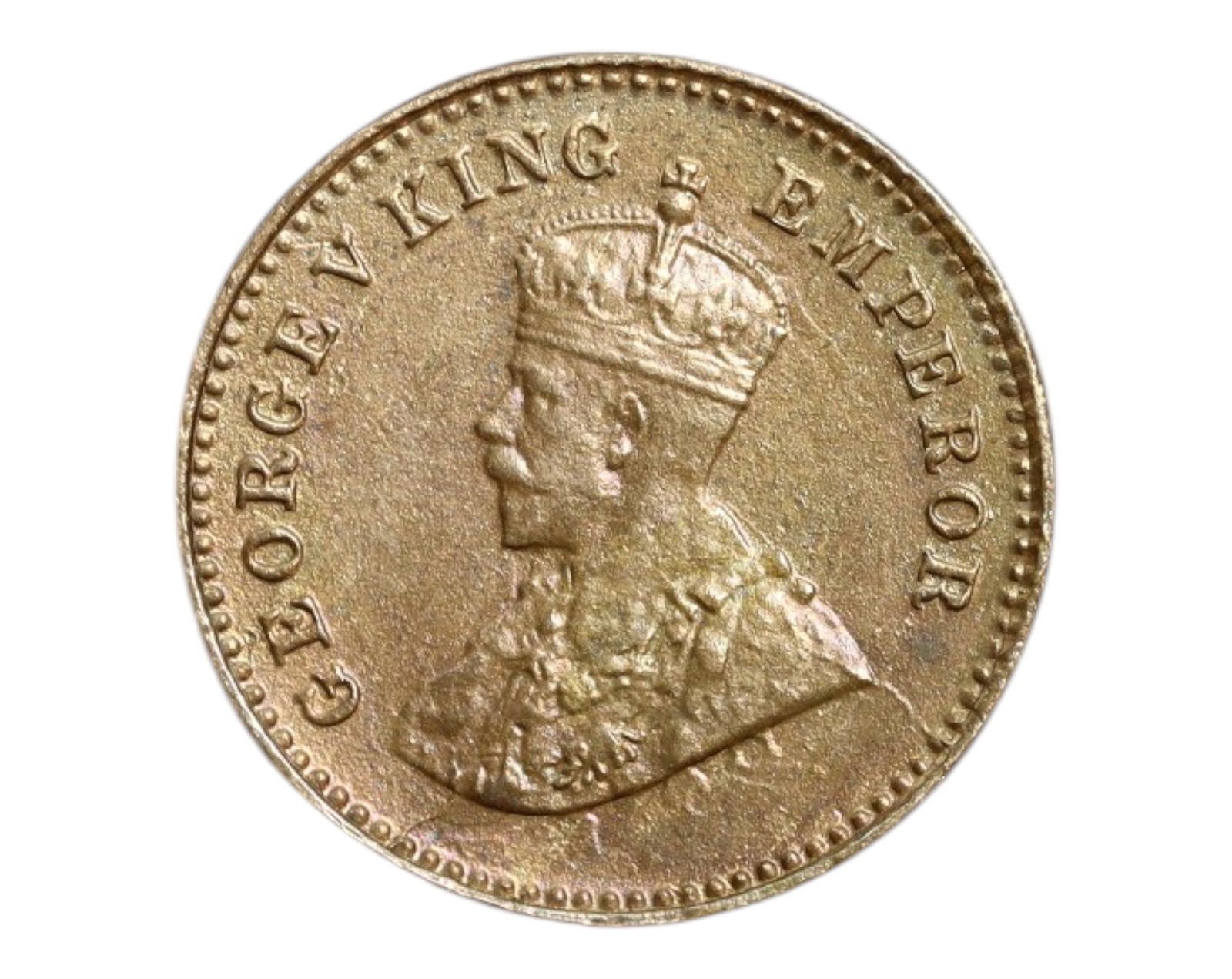 BRITISH INDIA: King George V - Imperial Governance 1/2 Anna Coin, 1920, 17mm: Struck in 1920 under the rule of King George V, this half anna coin from British India exemplifies the artistry and imperial ideology of colonial minting. The obverse features a crowned bust of the mo